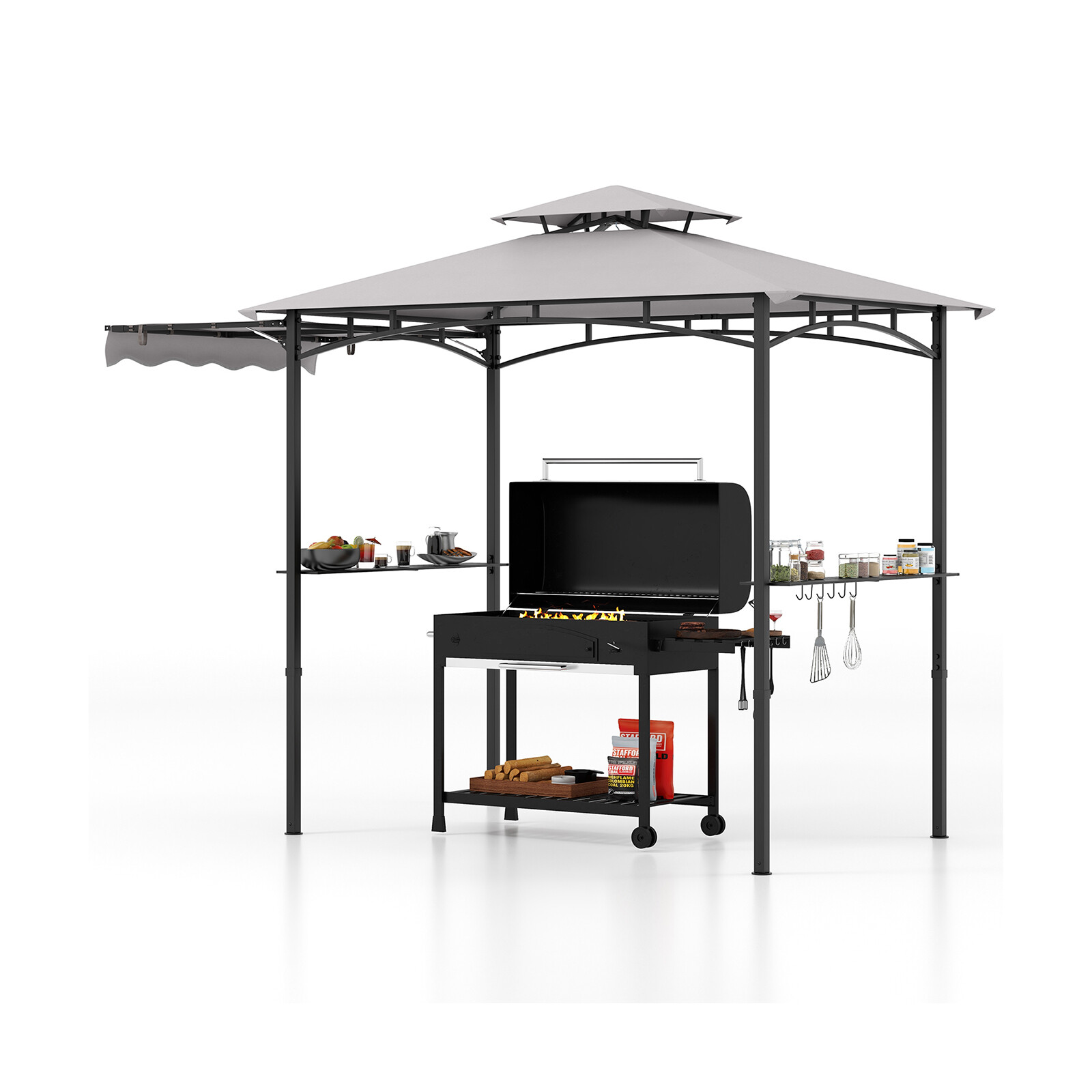 11 x 5 jala grillvarikatus külgmise varikatuse ja kahekordse katusega - hall