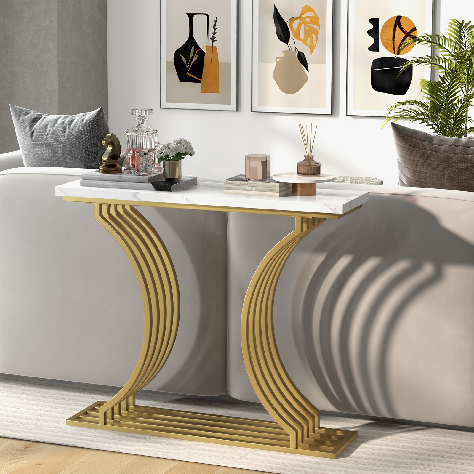 99 cm kuldne esikulaud, moodne konsoollaud kunstmarmorist lauaplaadiga – kuldne