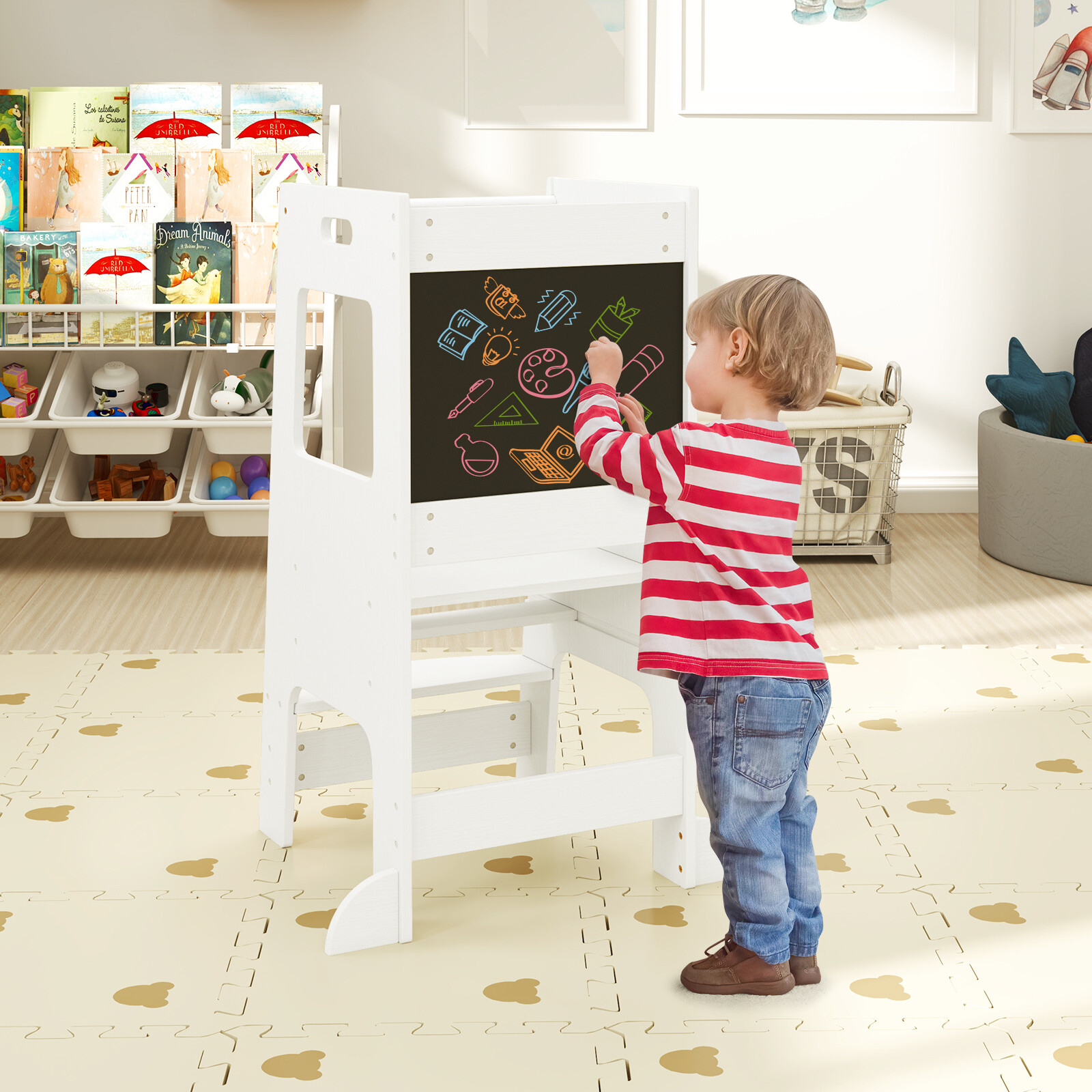 Toddler Kitchen Step Stool with Activity Chalkboard and Adjustable Height-White Toddler Kitchen Step Stool with Activity Chalkboard and Adjustable Height-White