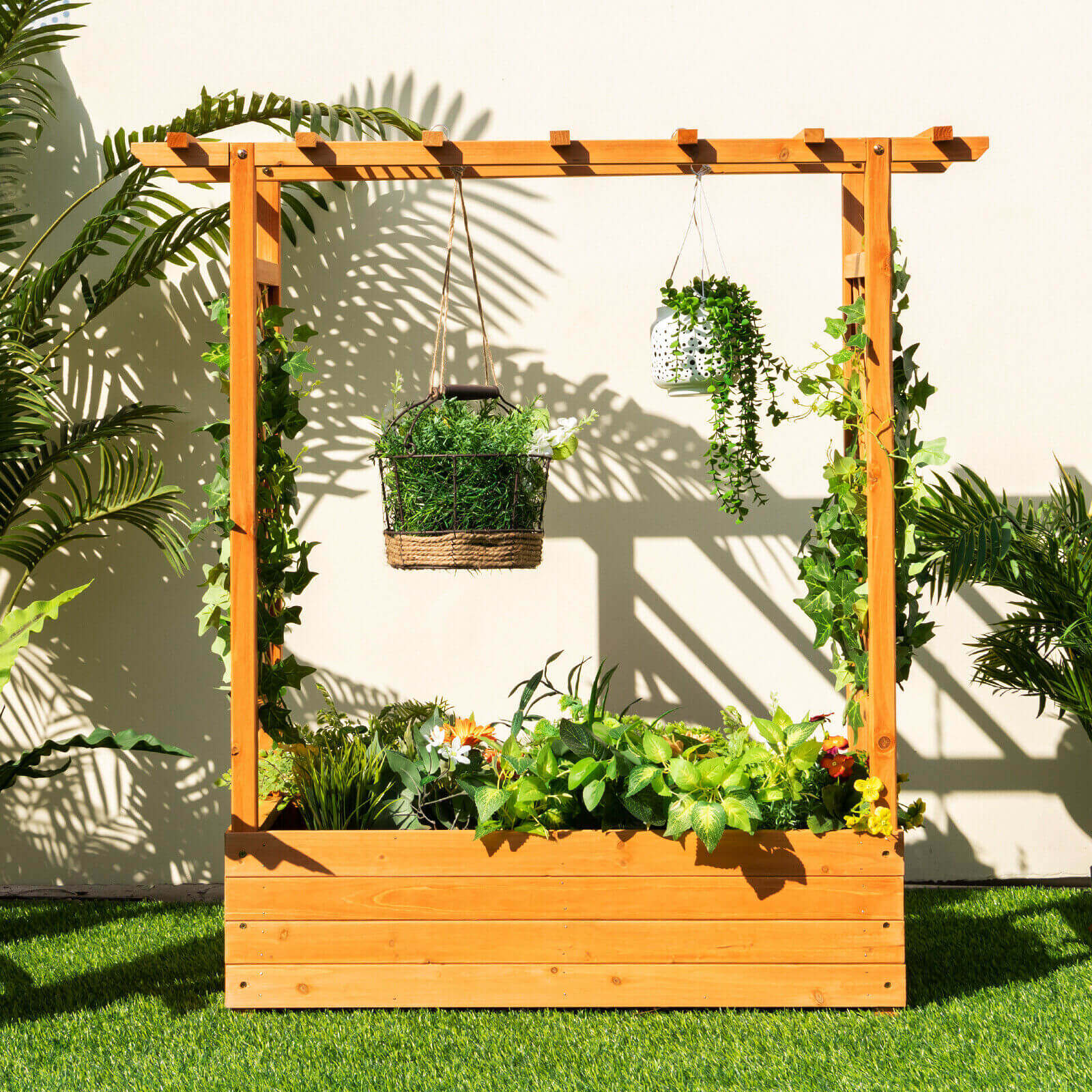 Raised Garden Bed with Trellis or Climbing Plant and Pot Hanging-Natural Raised Garden Bed with Trellis or Climbing Plant and Pot Hanging-Natural