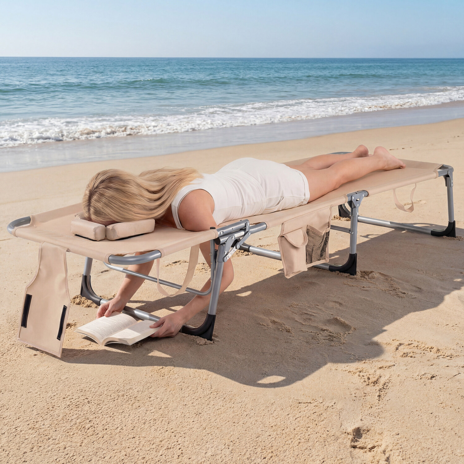 Tanning Chair with Face Arm Holes Folding Chair-Beige Tanning Chair with Face Arm Holes Folding Chair-Beige