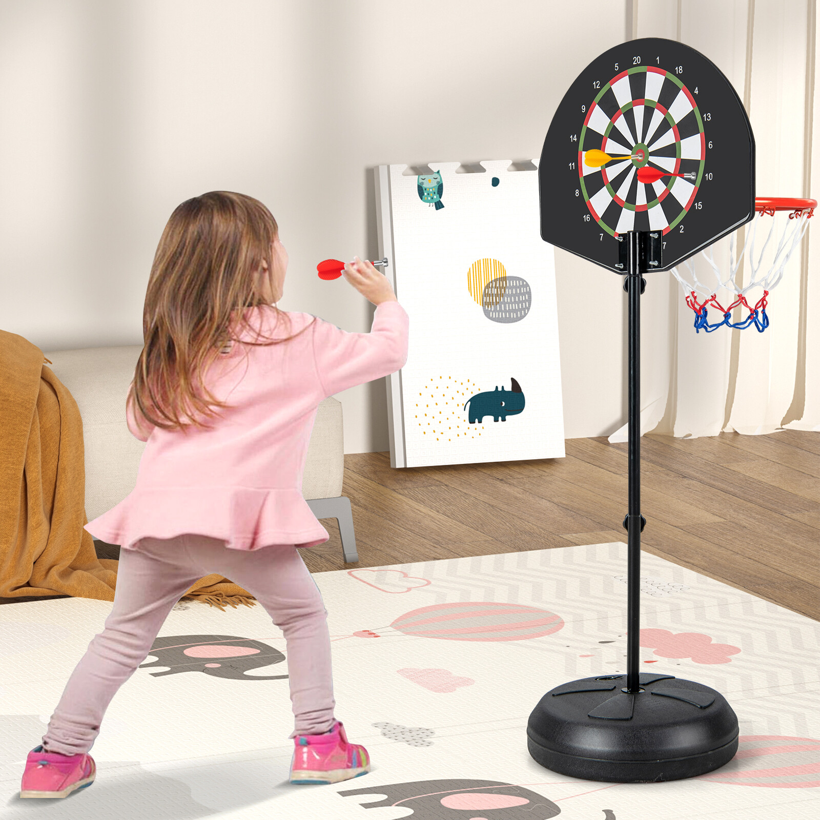 2-in-1 Height Adjustable Kids Basketball Hoop with Dart Board 2-in-1 Height Adjustable Kids Basketball Hoop with Dart Board