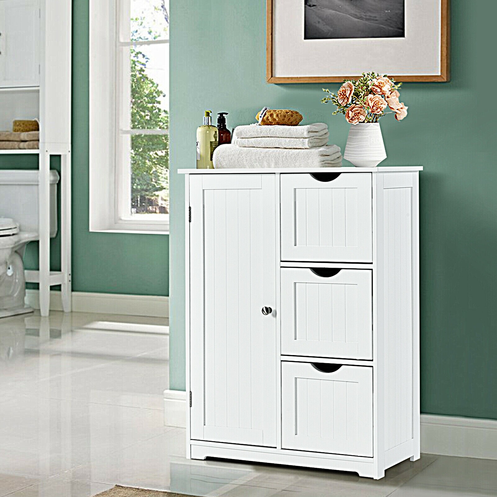 Bathroom Floor Cabinet Side Storage Cabinet with 3 Drawers and 1 Cupboard-White Bathroom Floor Cabinet Side Storage Cabinet with 3 Drawers and 1 Cupboard-White