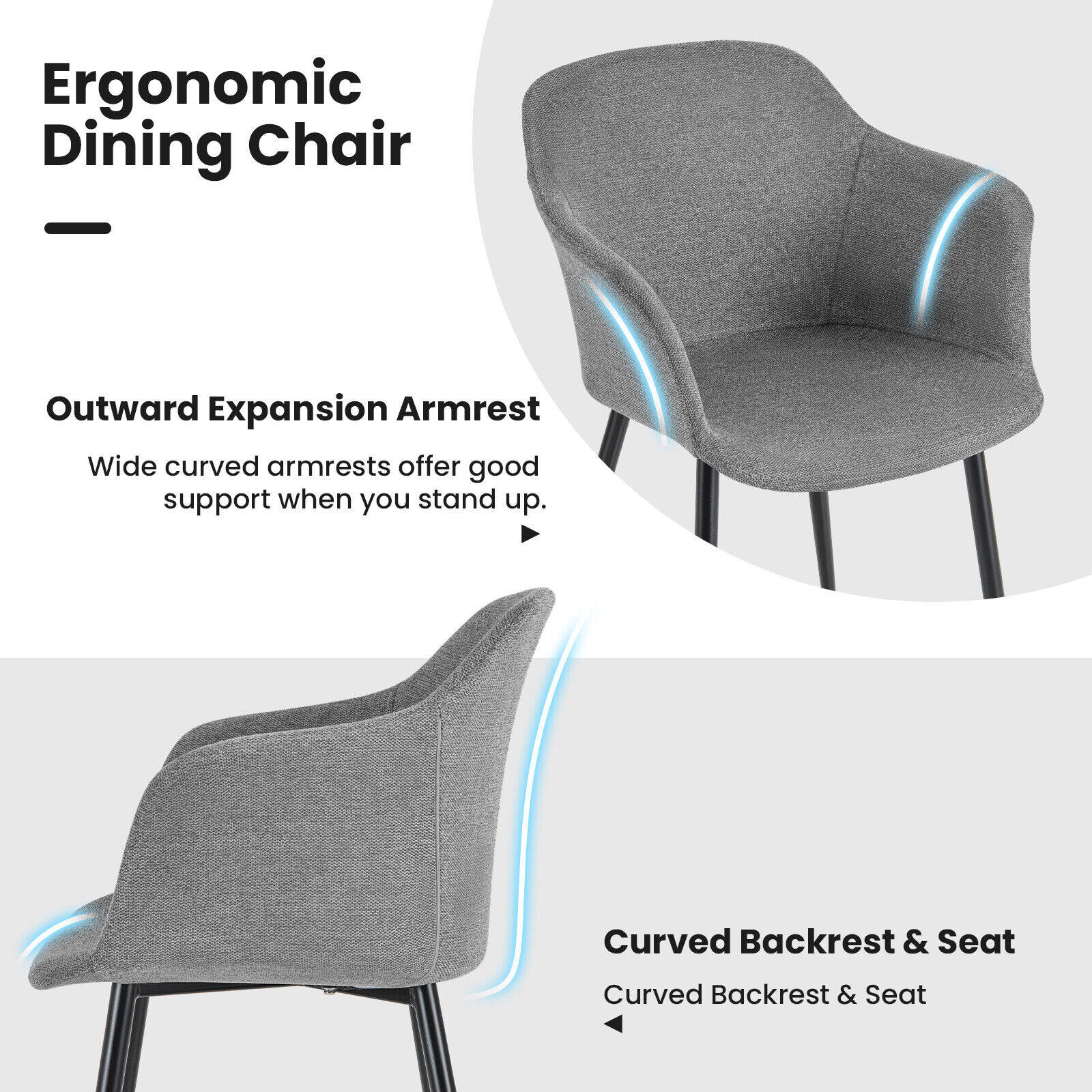 2 polsterdatud söögitooli komplekt ergonoomilise seljatoega - hall
