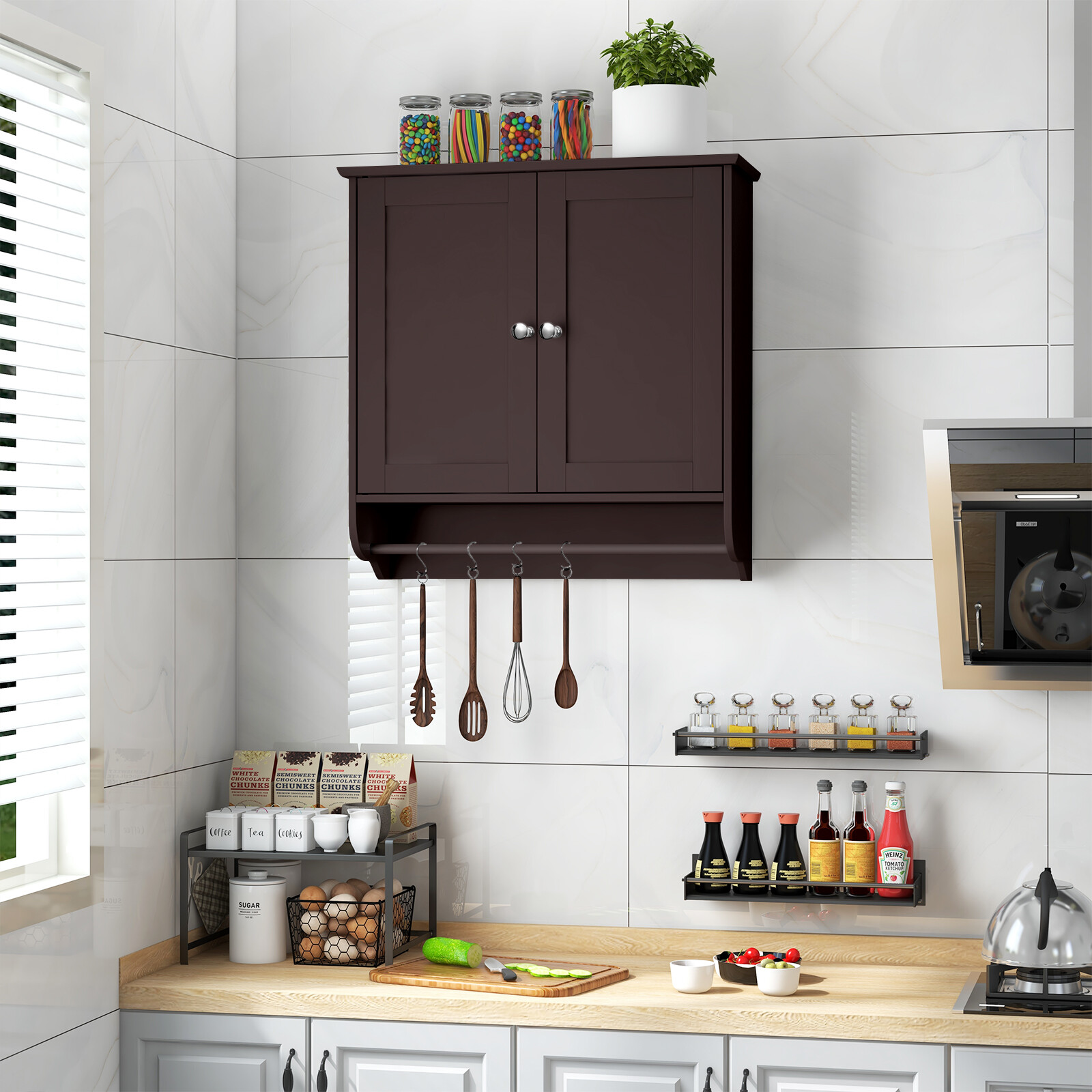 Wall Mounted Bathroom Storage Medicine Cabinet with Towel Bar-Brown Wall Mounted Bathroom Storage Medicine Cabinet with Towel Bar-Brown