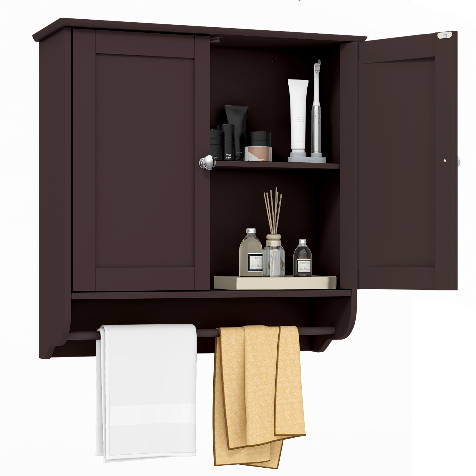 Costway Wall Mounted Bathroom Storage Medicine Cabinet with Towel Bar-Brown Costway Wall Mounted Bathroom Storage Medicine Cabinet with Towel Bar-Brown