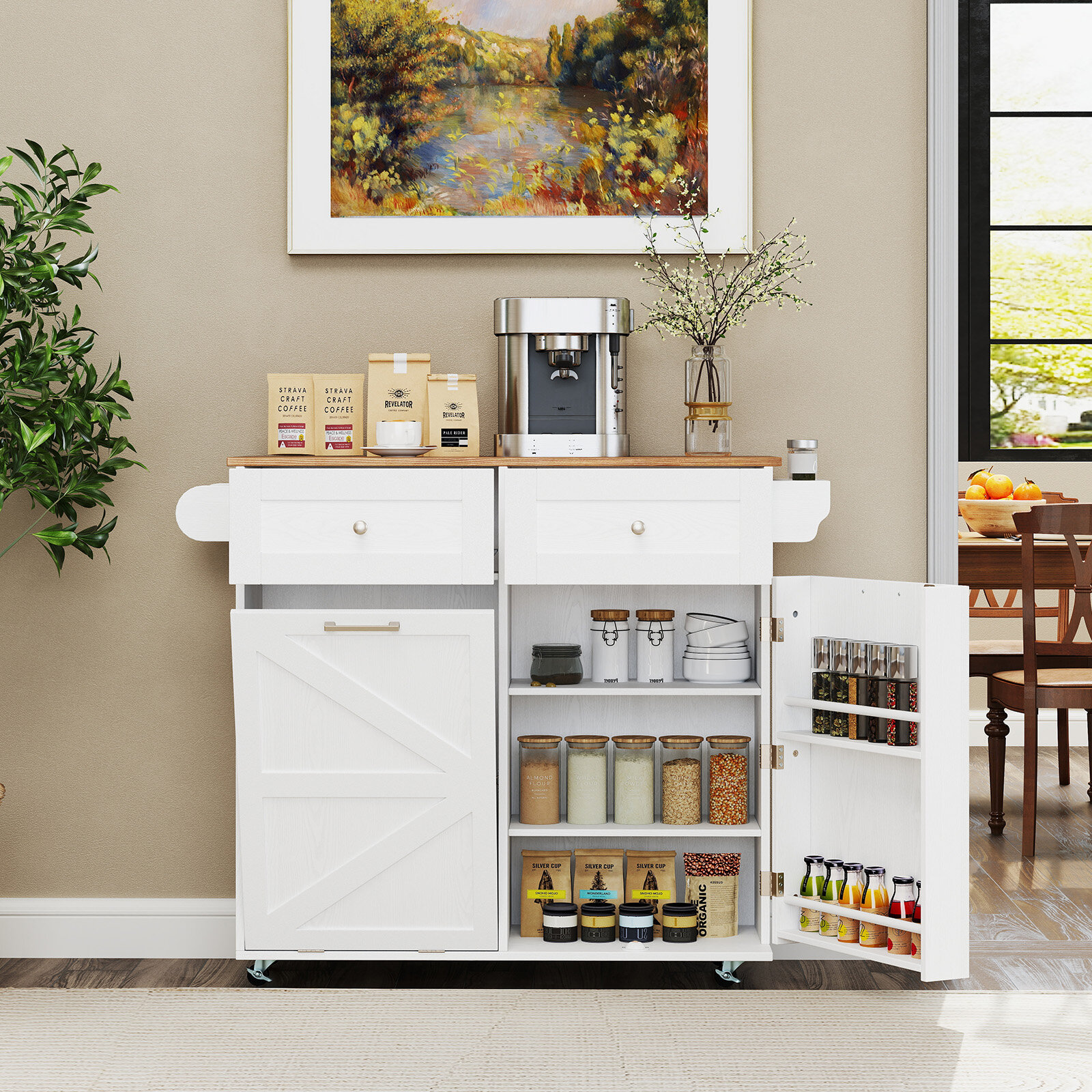 Rolling Kitchen Island with Trash Can Cabinet and Rubber Universal Wheels-White Rolling Kitchen Island with Trash Can Cabinet and Rubber Universal Wheels-White