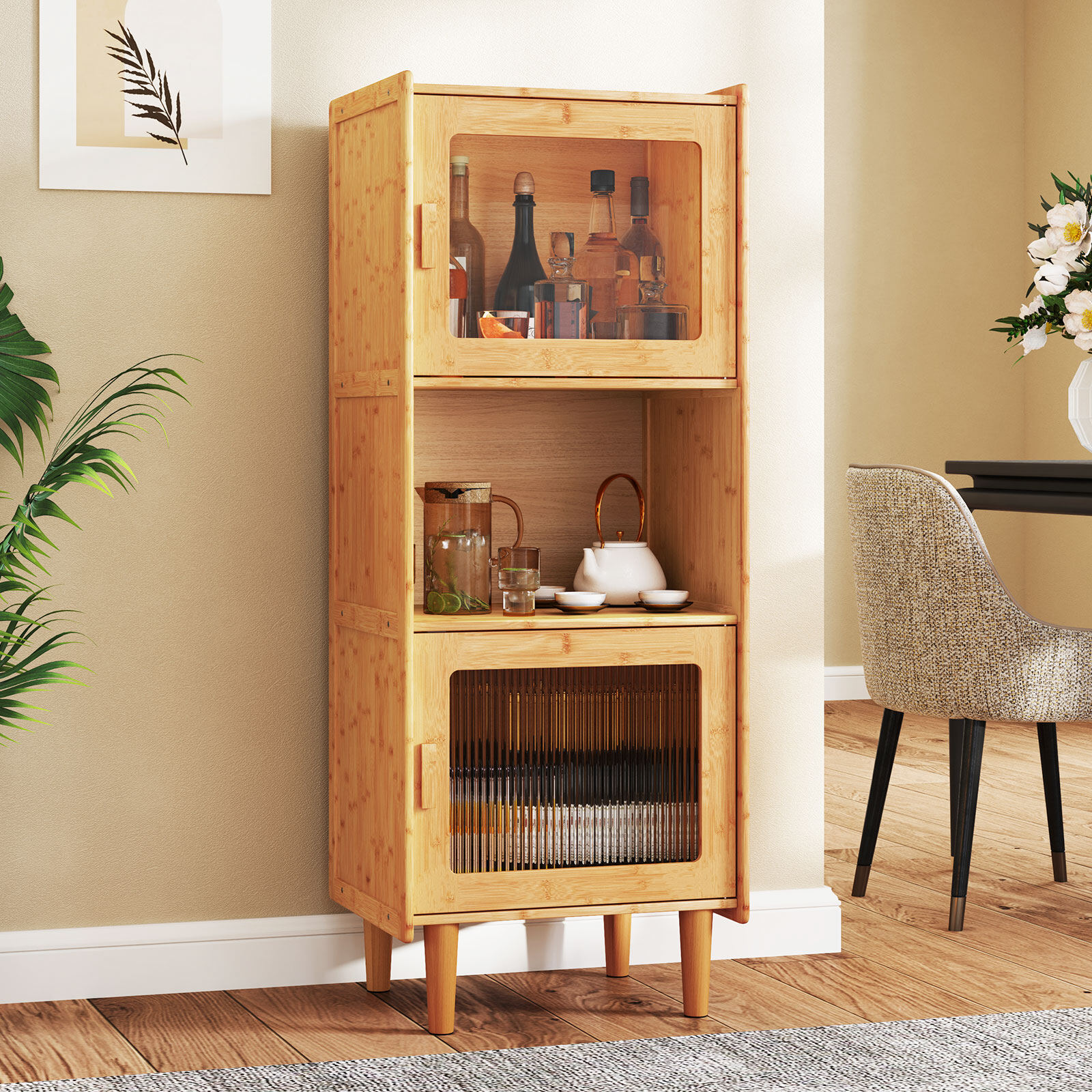 3-Cube Bamboo Storage Cabinet with Open Compartment and 2 Acrylic Doors-Natural 3-Cube Bamboo Storage Cabinet with Open Compartment and 2 Acrylic Doors-Natural