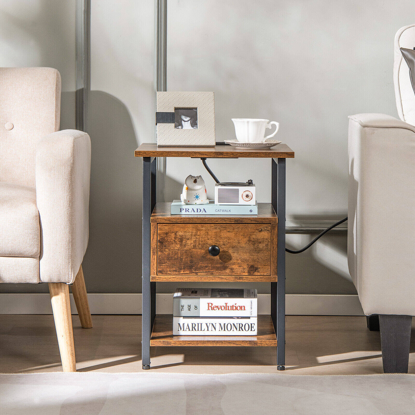 1/2 Pieces 3-Tier Nightstand with Charging Station and Drawer-1 Piece 1/2 Pieces 3-Tier Nightstand with Charging Station and Drawer-1 Piece
