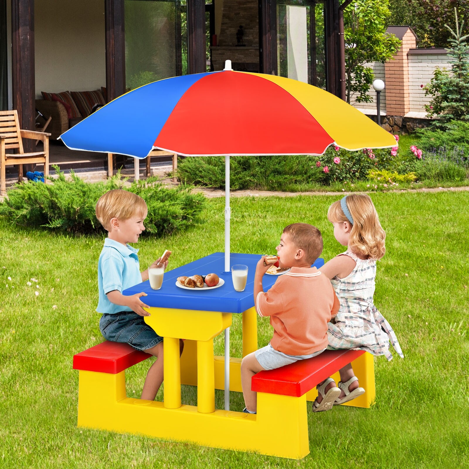 Kids Picnic Folding Table and Bench with Umbrella-Yellow Kids Picnic Folding Table and Bench with Umbrella-Yellow
