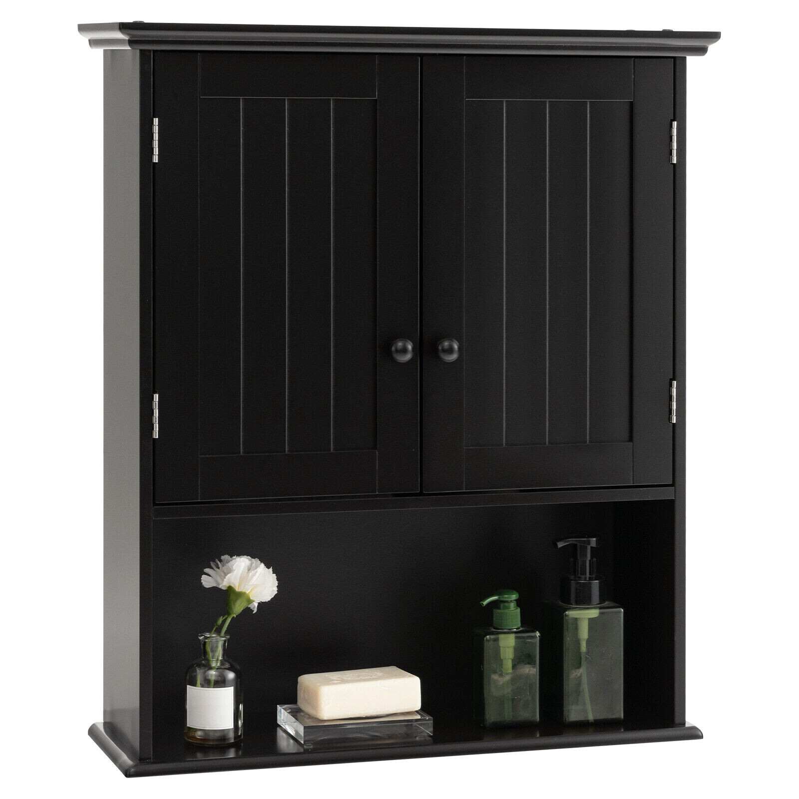 Costway 2-Door Wall Mount Bathroom Storage Cabinet with Open Shelf-Black Costway 2-Door Wall Mount Bathroom Storage Cabinet with Open Shelf-Black
