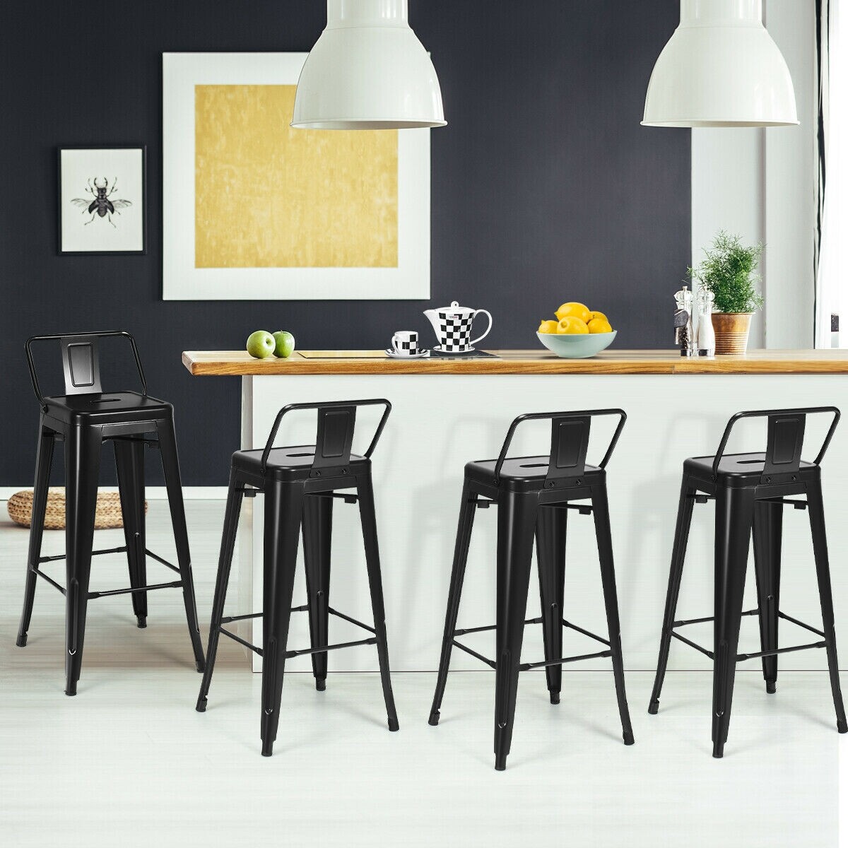 76 cm komplekt, 4 metallist baaritooli madala seljatoe ja kummist jalgadega – must