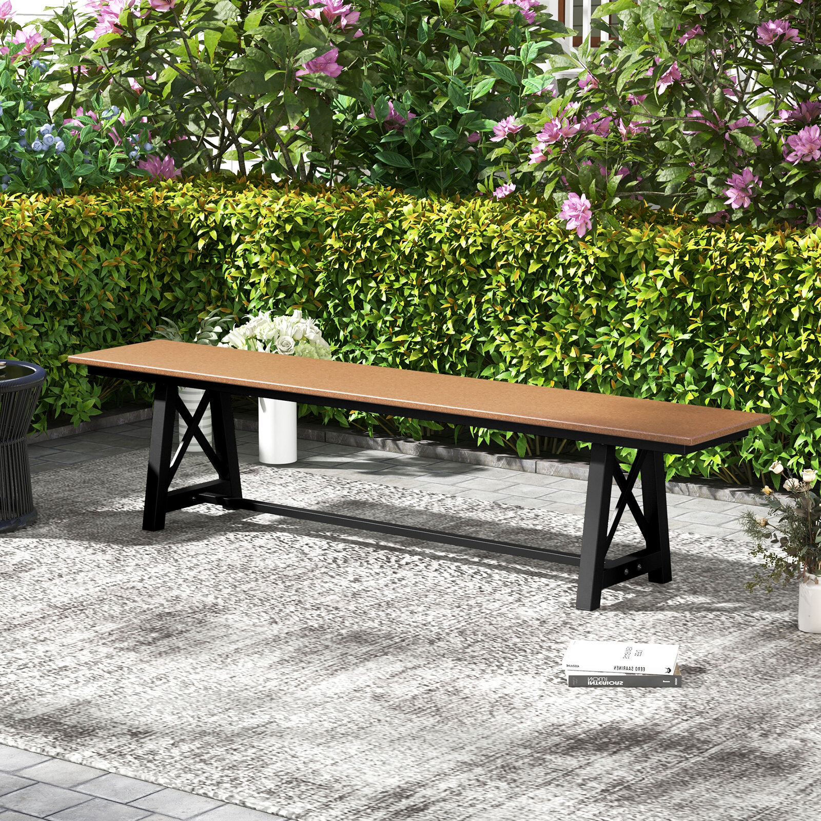 3-4 Person Outdoor HDPE Bench with Metal Frame-Brown 3-4 Person Outdoor HDPE Bench with Metal Frame-Brown