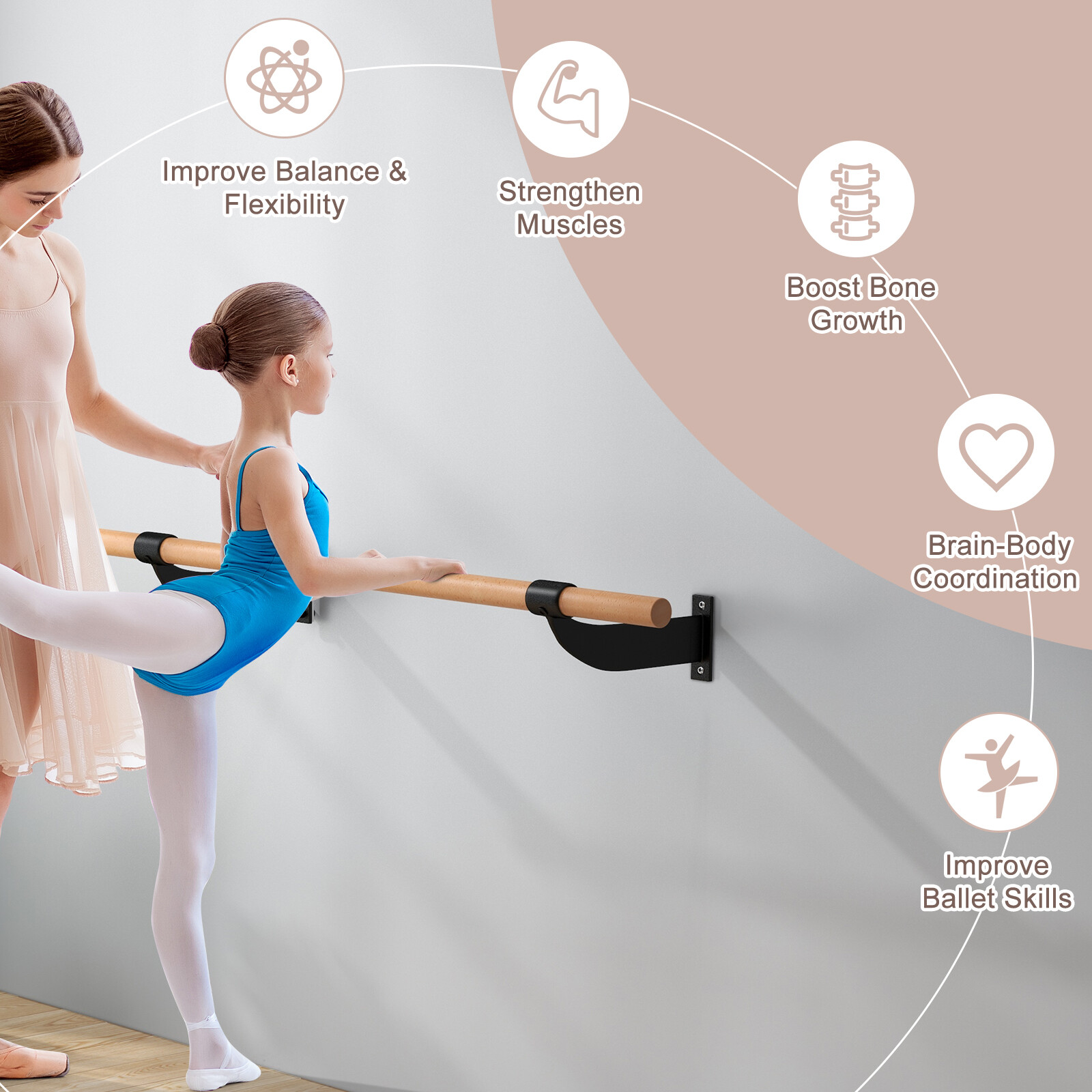1,2 meetri pikkune seinale kinnitatav balletilatt jooga jaoks - must