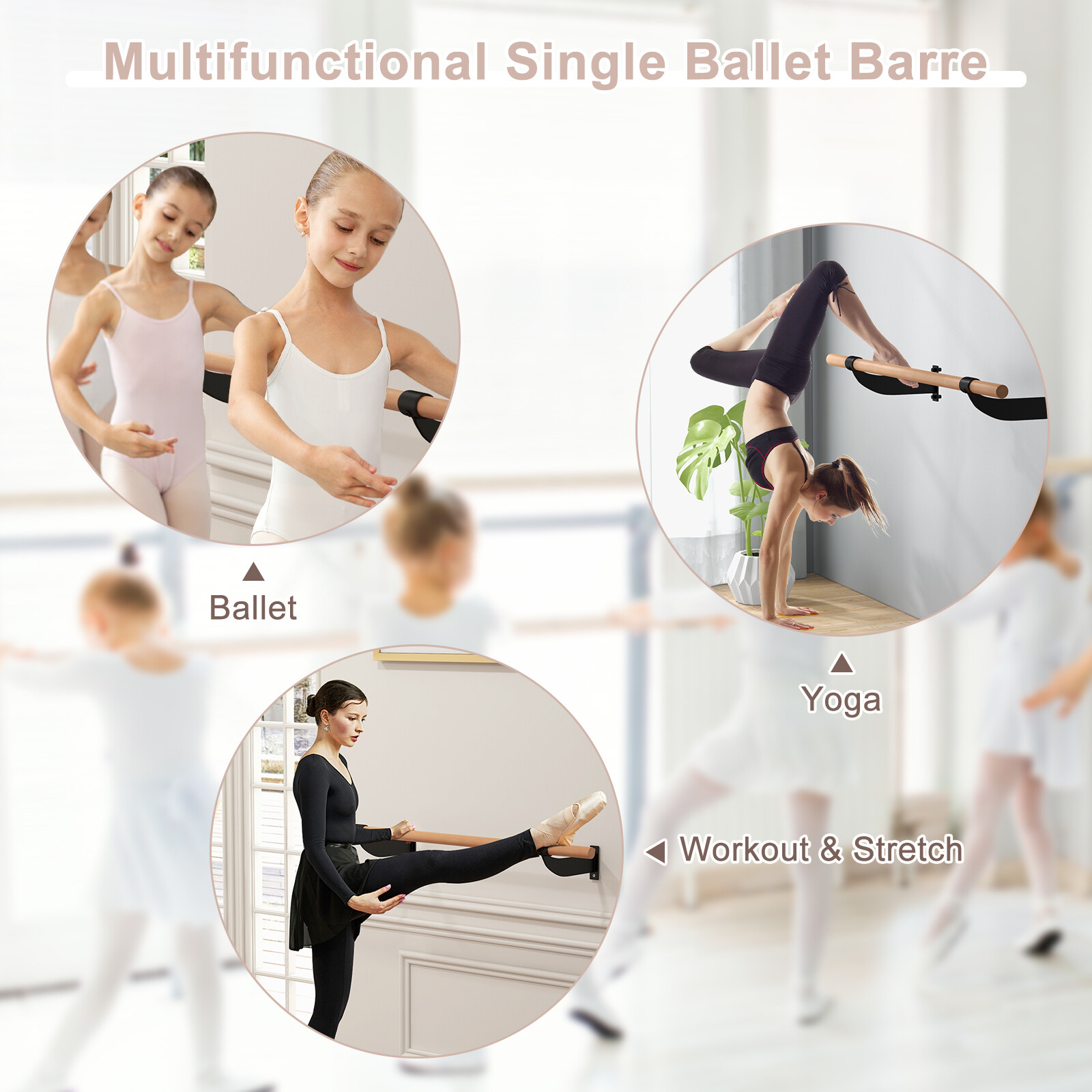 1,2 meetri pikkune seinale kinnitatav balletilatt jooga jaoks - must