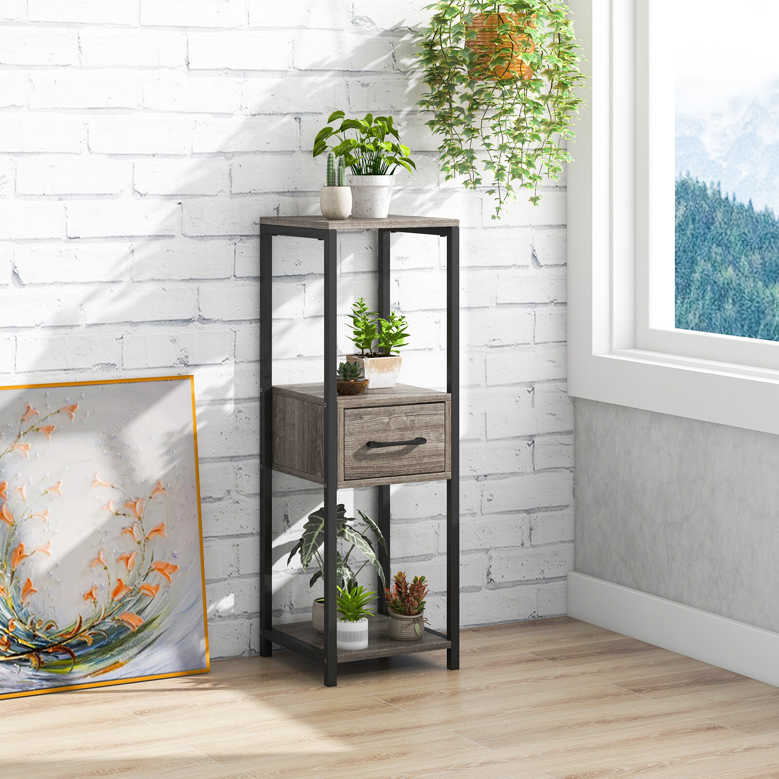 3 Tier Tall Metal Plant Stand with Drawer for Balcony Office-Gray 3 Tier Tall Metal Plant Stand with Drawer for Balcony Office-Gray
