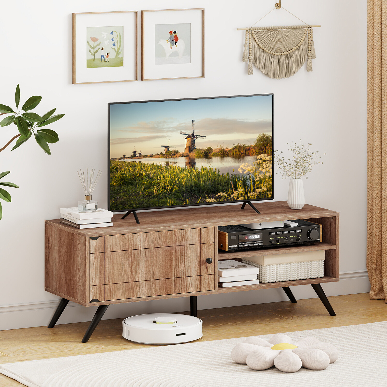 TV Stand for TVs up to 55 Inch Mid Century Modern Entertainment Center with Storage Cabinet-Oak TV Stand for TVs up to 55 Inch Mid Century Modern Entertainment Center with Storage Cabinet-Oak