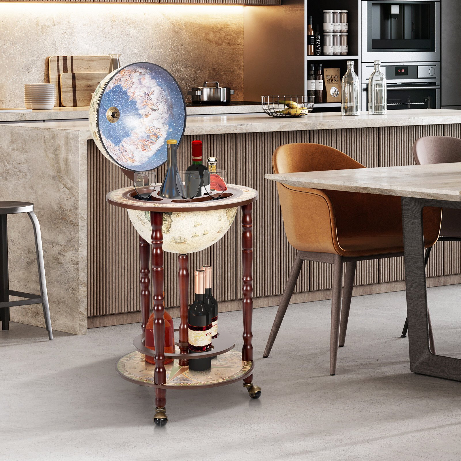 17 Inch Italian Style Design Wooden Globe Liquor Bottle Wine Rack with Wheels 17 Inch Italian Style Design Wooden Globe Liquor Bottle Wine Rack with Wheels