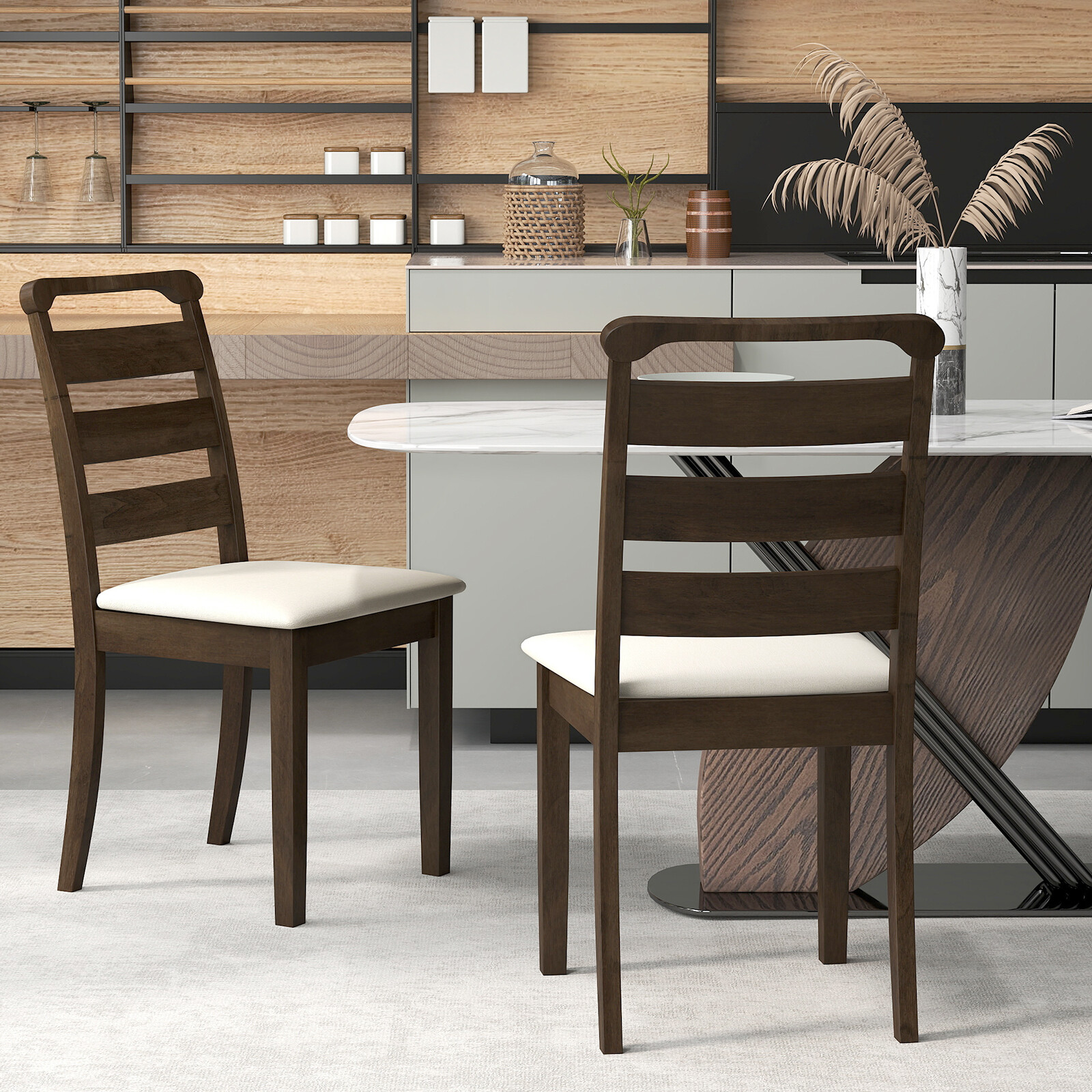 Polyester Upholstered Wooden Dining Chair Set of 2-Walnut