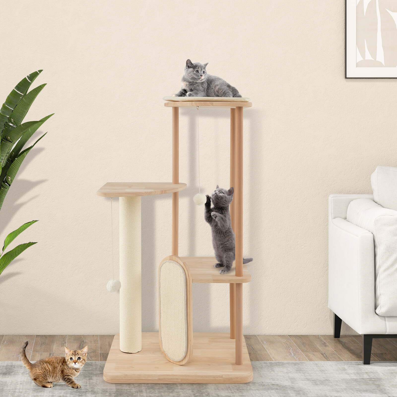 Puidust mitmetasandiline moodne kassitorn kraapimislaua ja postiga - 112 cm