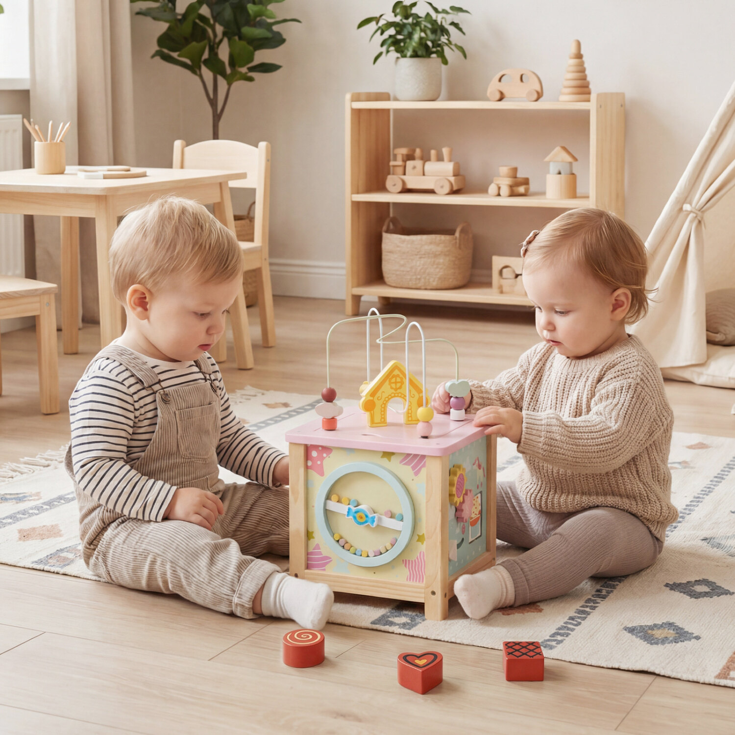 Costway Wooden Activity Cube with Montessori Sensory Toys for 18+ Months Toddlers