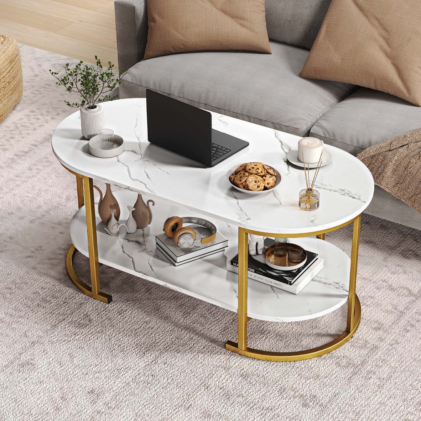 Oval Coffee Table 2-Tier Wooden Accent Table with Spacious Tabletop and Open Storage Shelf-White Oval Coffee Table 2-Tier Wooden Accent Table with Spacious Tabletop and Open Storage Shelf-White