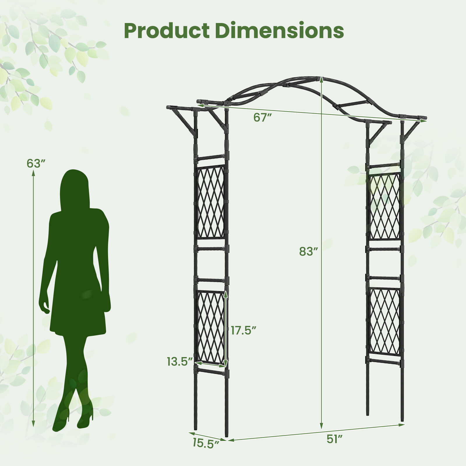 67 x 211 cm aiakaarvõrega metallist pergola lehtla ronitaimedele - must