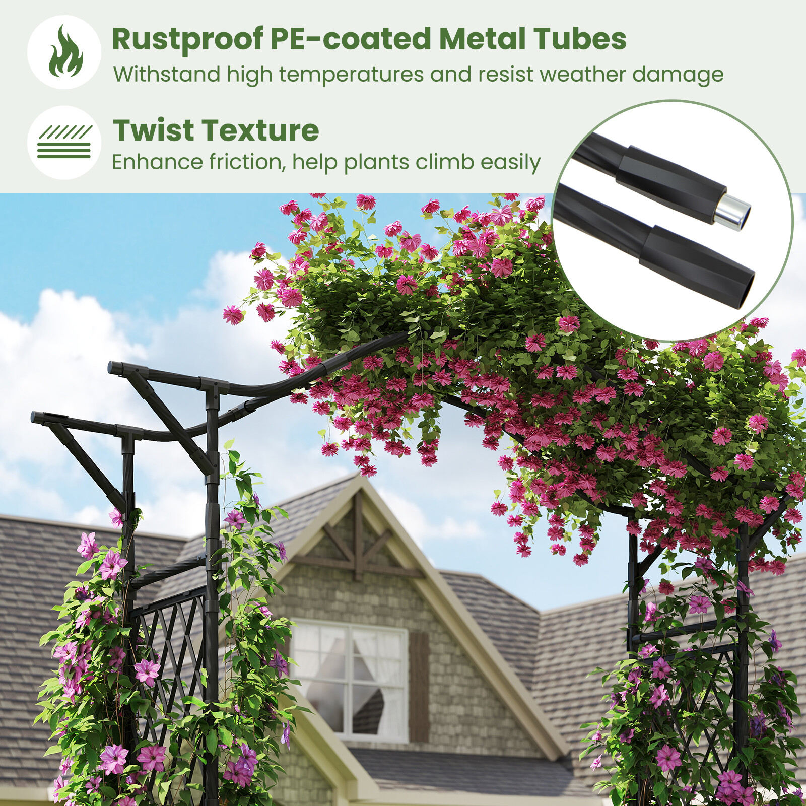 67 x 211 cm aiakaarvõrega metallist pergola lehtla ronitaimedele - must