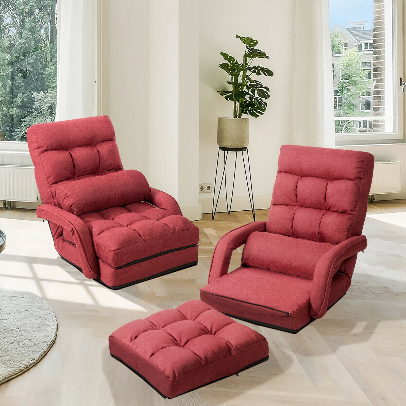 Folding Lazy Floor Chair Sofa with Armrests and Pillow-Red Folding Lazy Floor Chair Sofa with Armrests and Pillow-Red