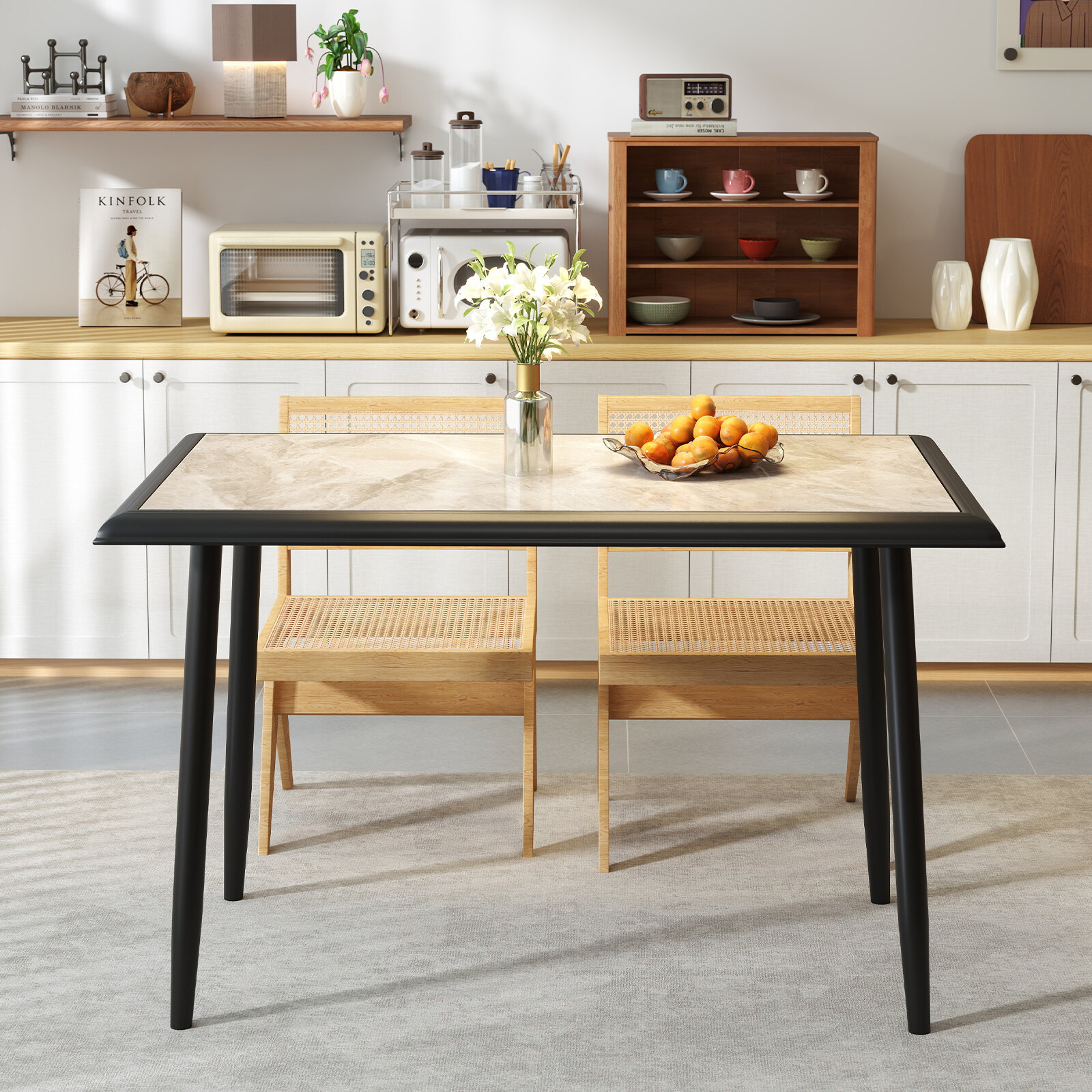 Sintered Stone Dining Table 44″ Rectangular Kitchen Table with Metal Frame Indoor Modern Breakfast Table for Living Room Dining Room-Golden