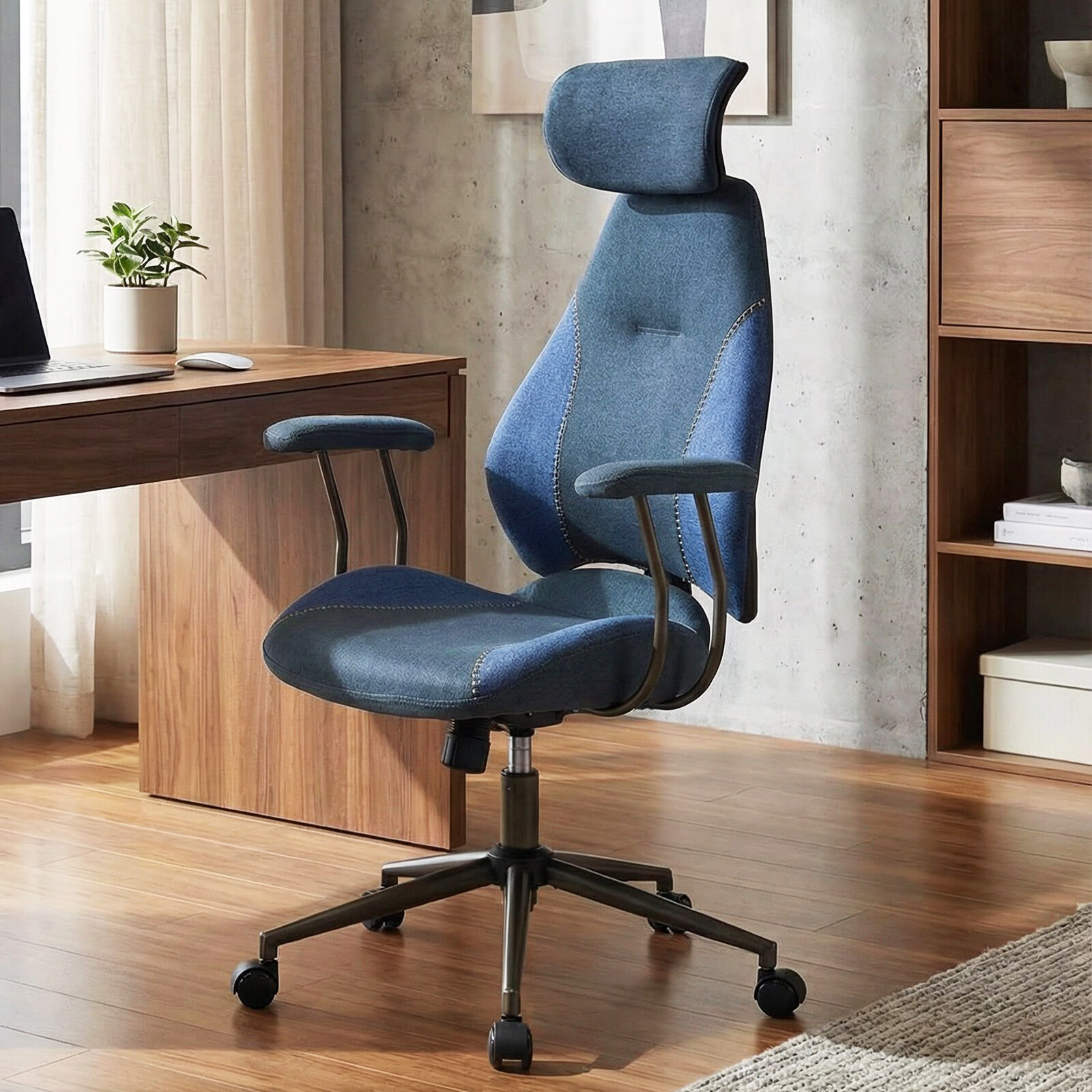 Ergonoomiline kontoritool, arvutilaua tool, 2D peatoe ja kiiktooliga - tumesinine