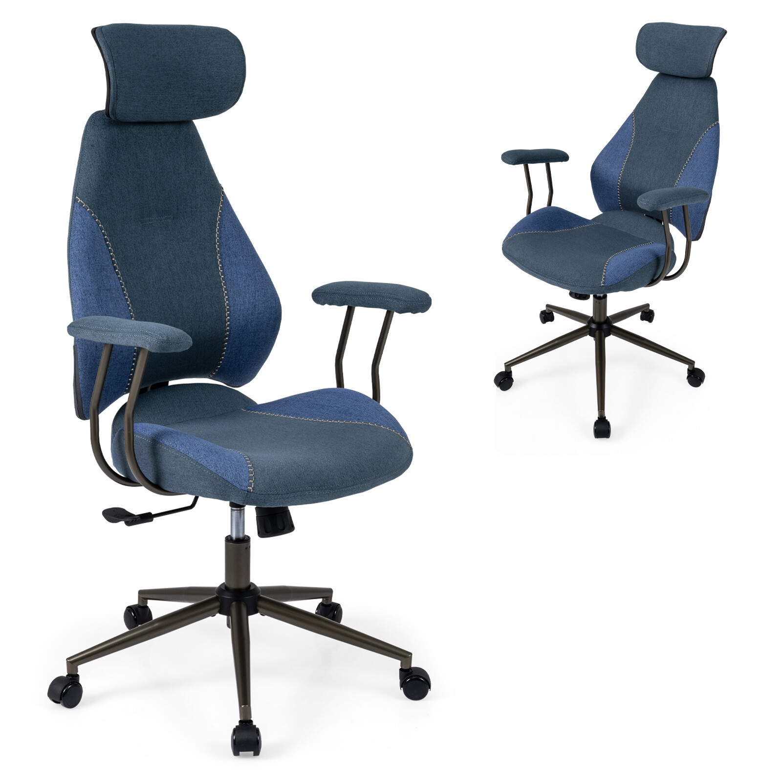 Ergonoomiline kontoritool, arvutilaua tool, 2D peatoe ja kiiktooliga - tumesinine