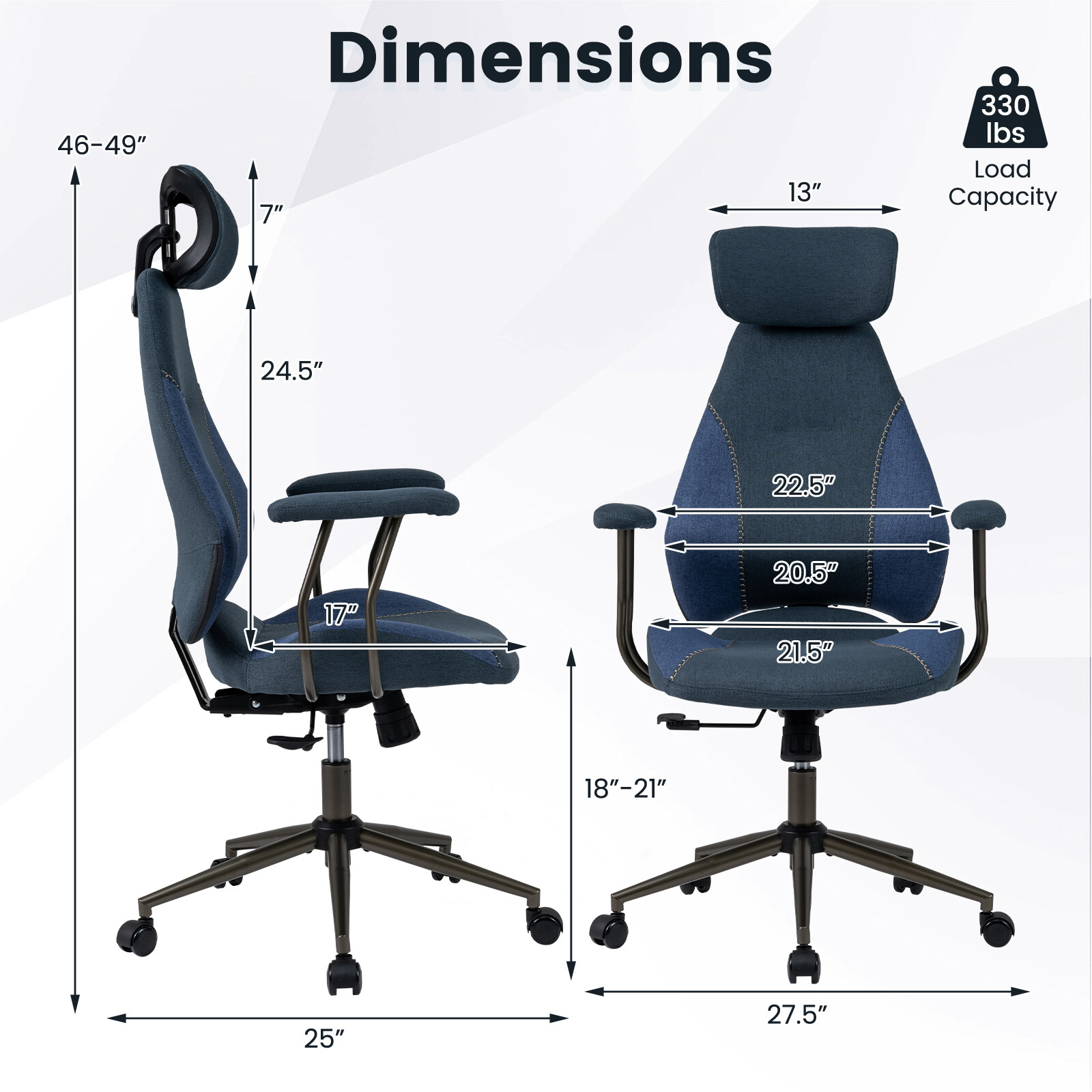 Ergonoomiline kontoritool, arvutilaua tool, 2D peatoe ja kiiktooliga - tumesinine