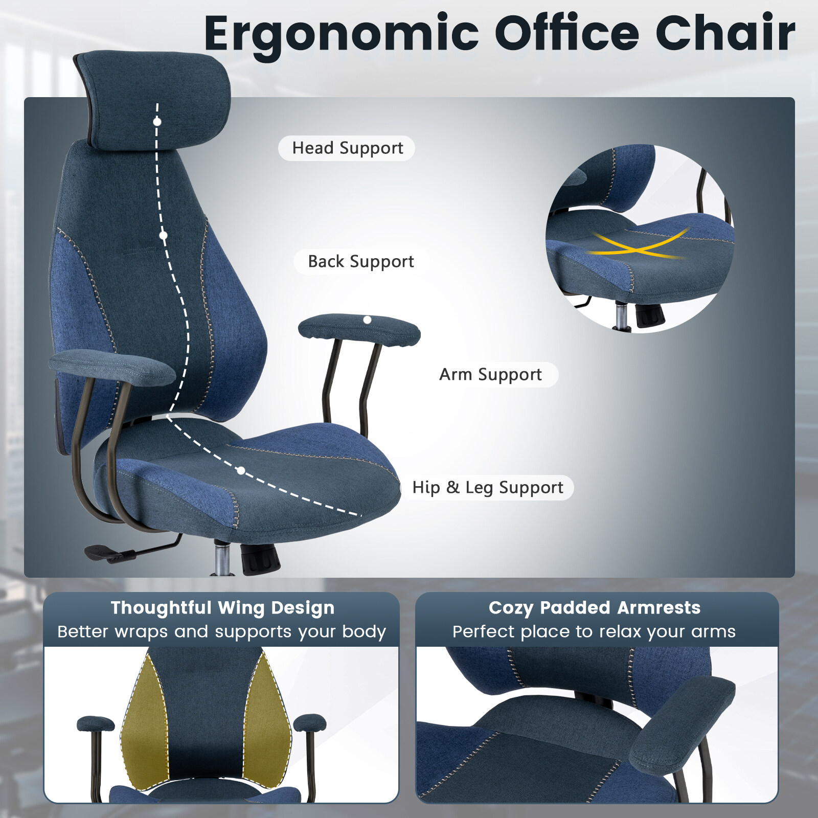 Ergonoomiline kontoritool, arvutilaua tool, 2D peatoe ja kiiktooliga - tumesinine
