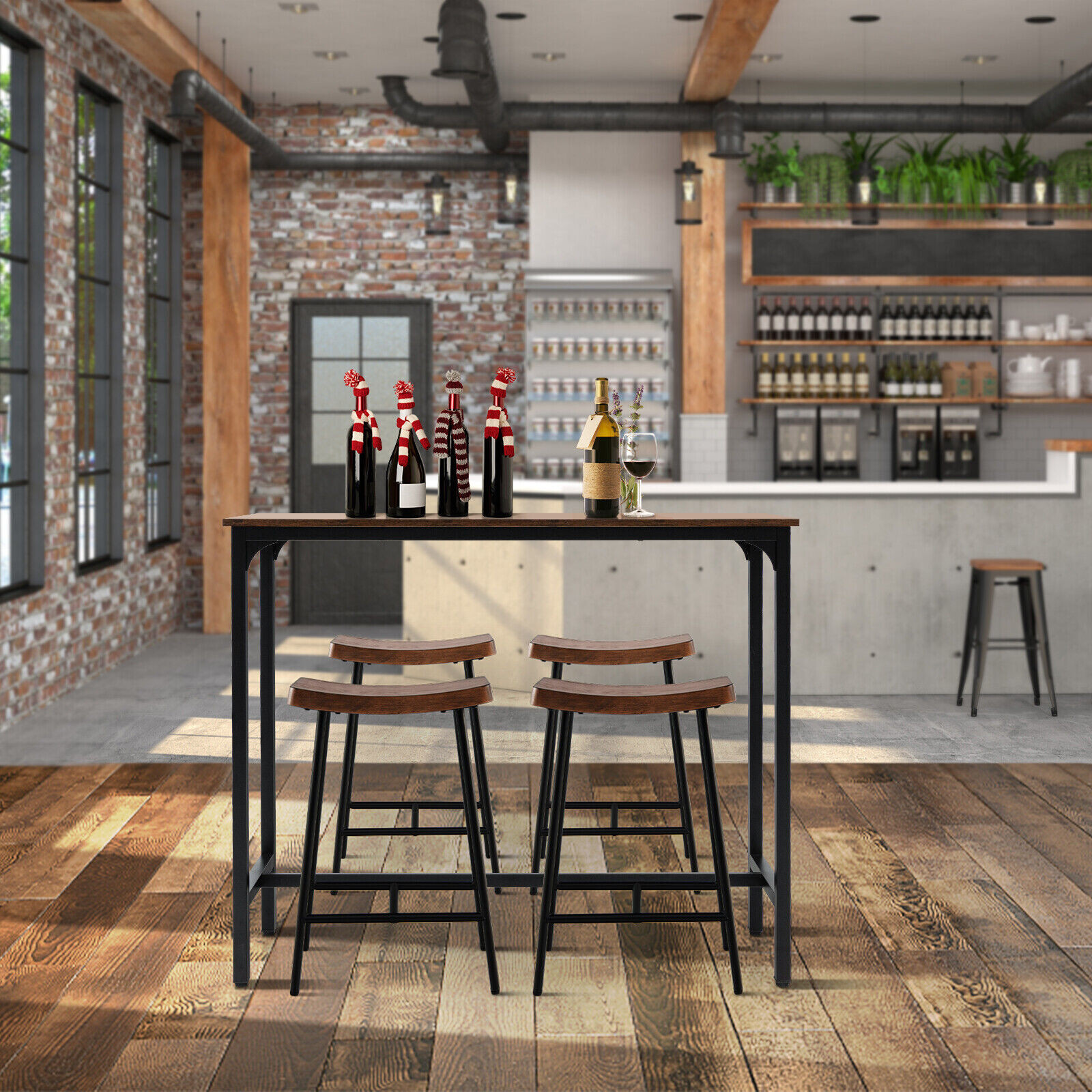 48 Inch Industrial Pub Dining Table with Steel Frame-Rustic Brown 48 Inch Industrial Pub Dining Table with Steel Frame-Rustic Brown