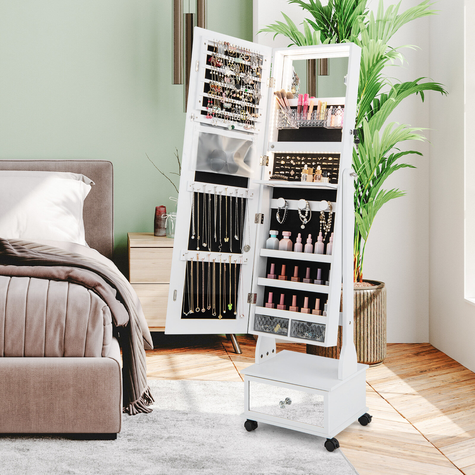 119 cm lukustatav ehtekapp 3-värviliste LED-tuledega - valge