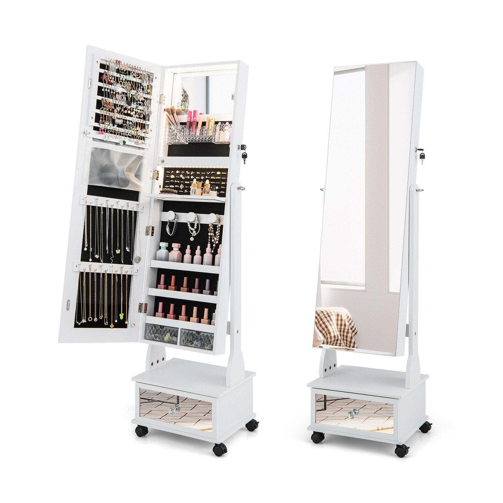 119 cm lukustatav ehtekapp 3-värviliste LED-tuledega - valge