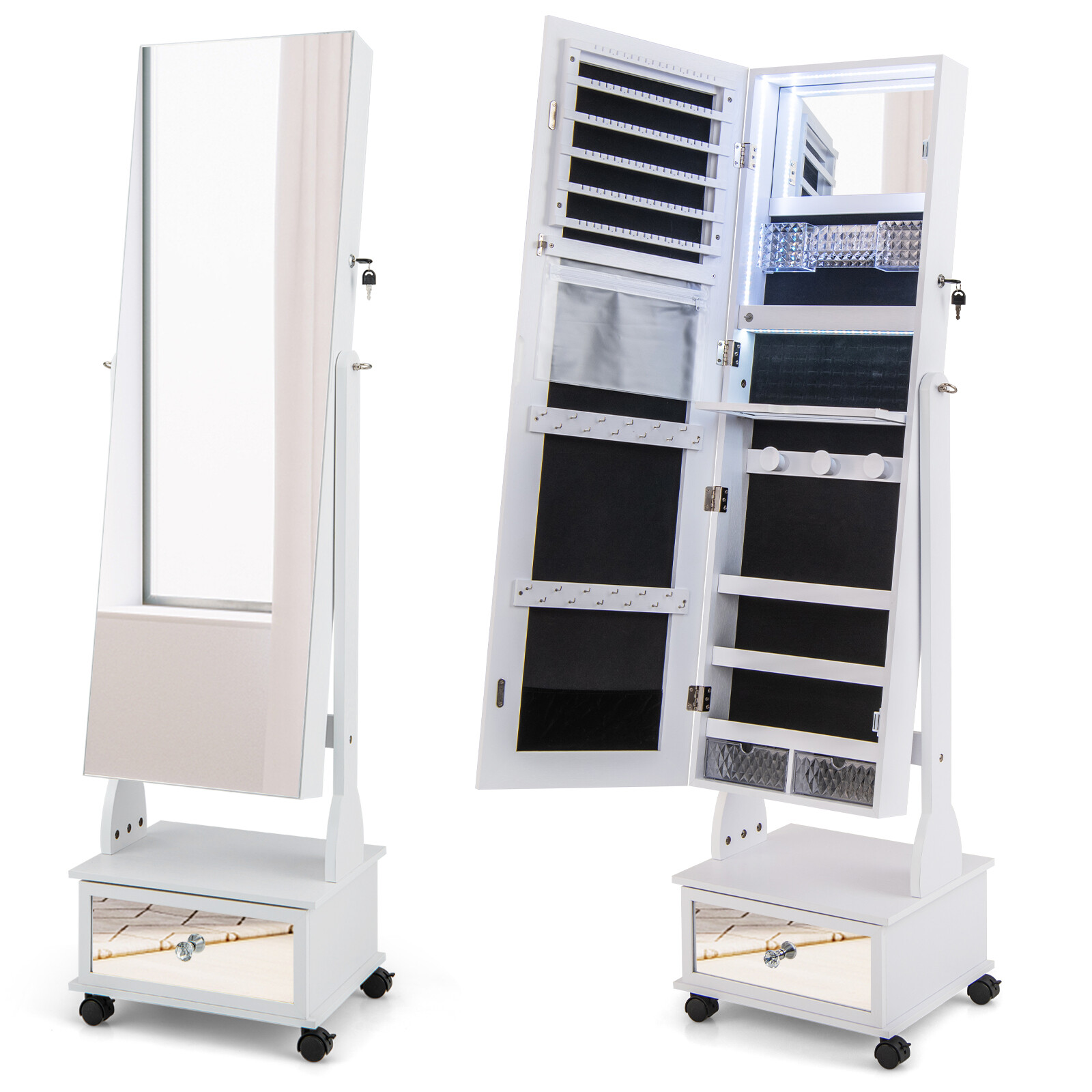 119 cm lukustatav ehtekapp 3-värviliste LED-tuledega - valge