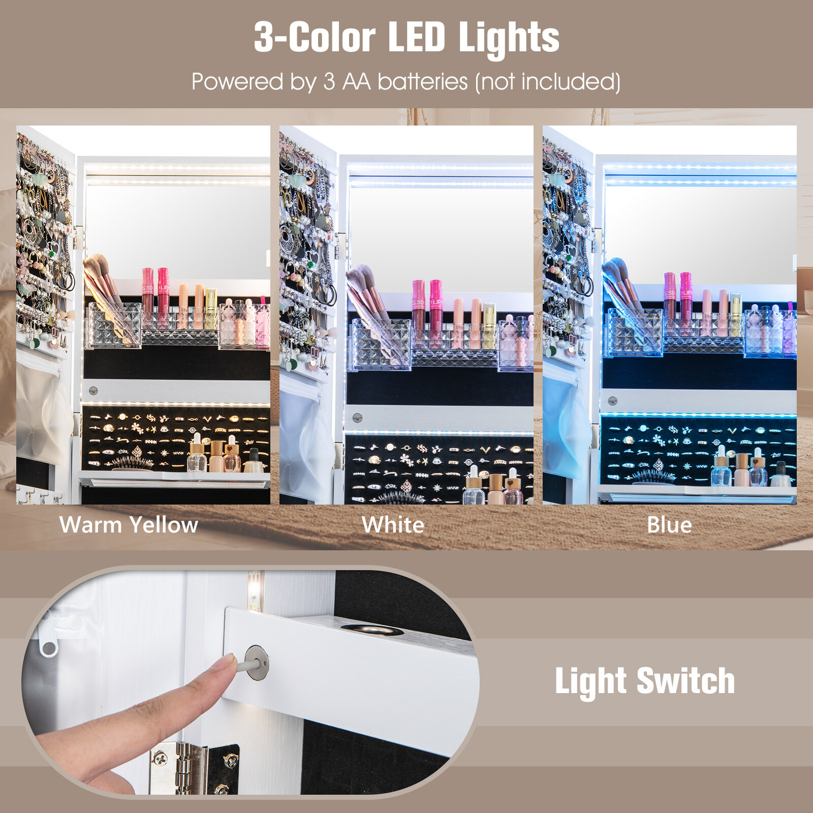 119 cm lukustatav ehtekapp 3-värviliste LED-tuledega - valge