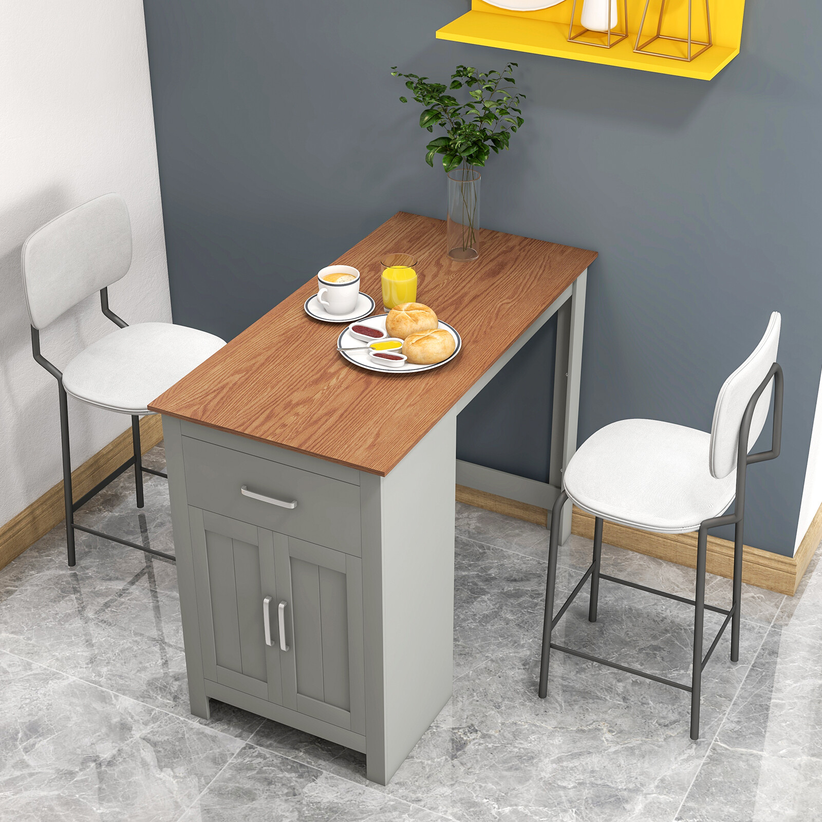 Counter Height Bar Table with Storage Cabinet and Drawer-Gray Counter Height Bar Table with Storage Cabinet and Drawer-Gray