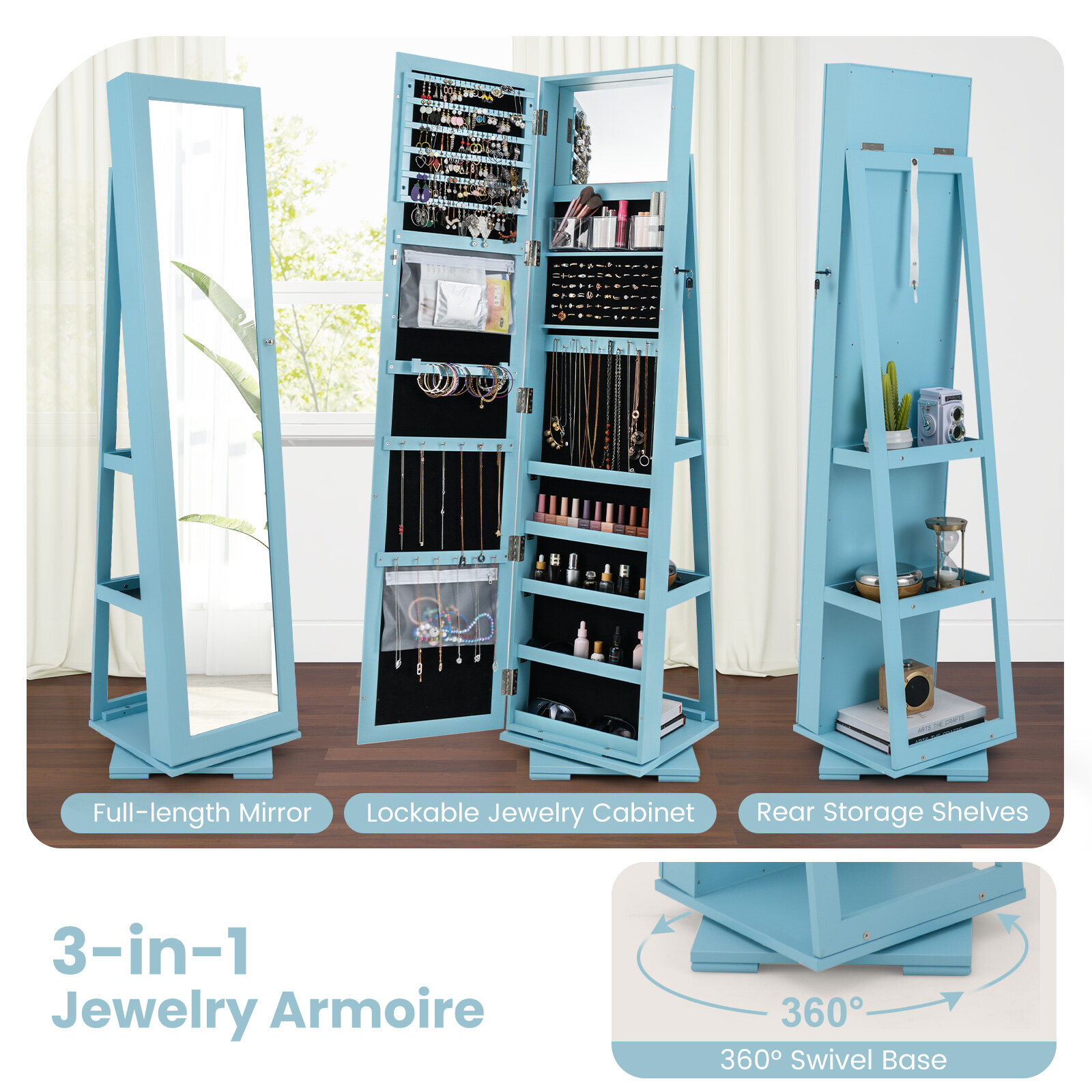 360° pööratav 2-ühes lukustatav ehtekapp täispika peegliga - sinine