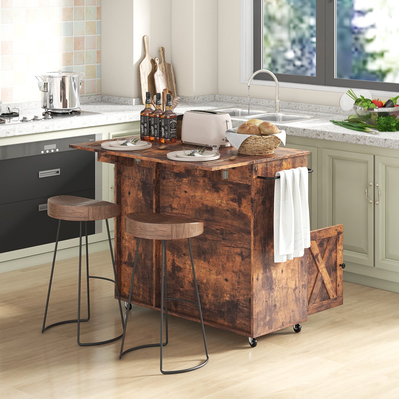 Köögisaare käru langeva lehega ja veinipudeliriiuliga - maalähedane pruun