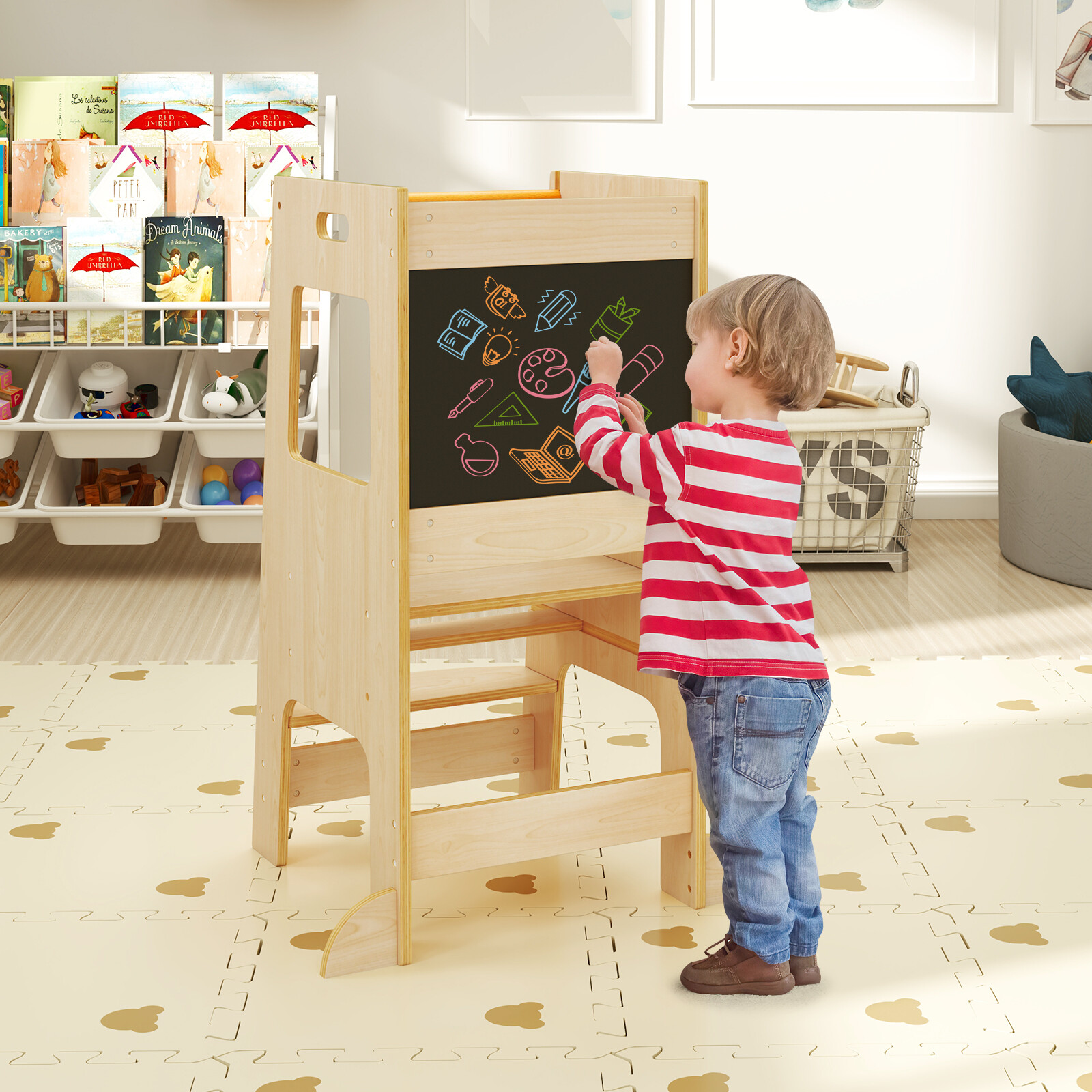 Toddler Kitchen Step Stool with Activity Chalkboard and Adjustable Height-Natural Toddler Kitchen Step Stool with Activity Chalkboard and Adjustable Height-Natural