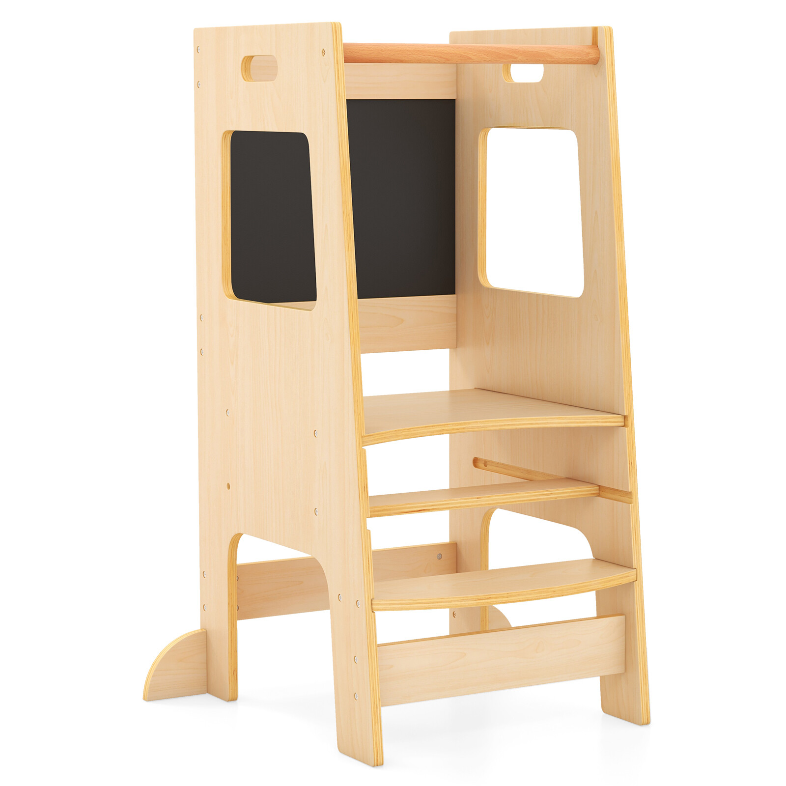 Costway Toddler Kitchen Step Stool with Activity Chalkboard and Adjustable Height-Natural
