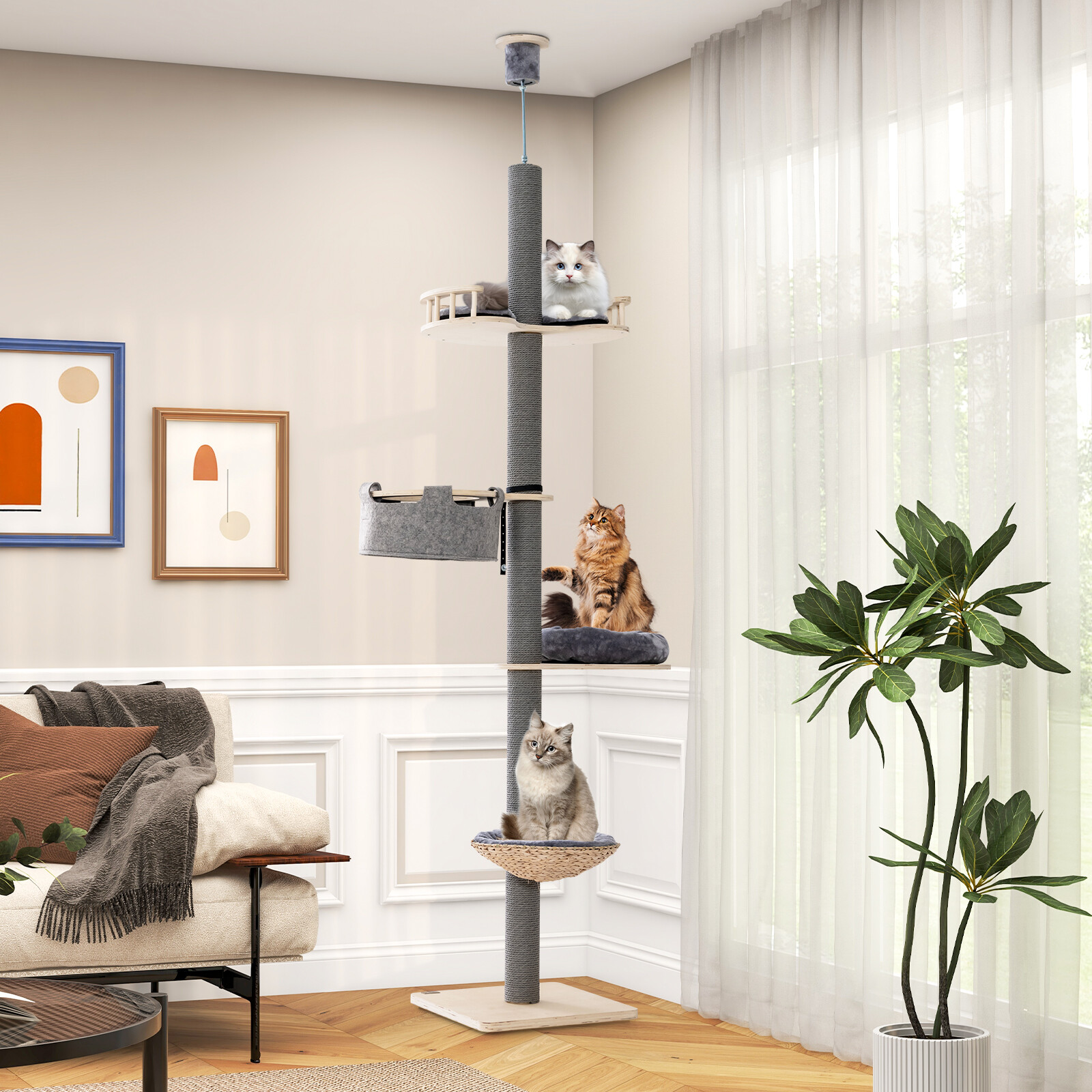 Põrandast laeni ulatuv kassipuu, reguleeritava kõrgusega 236–272 cm – hall