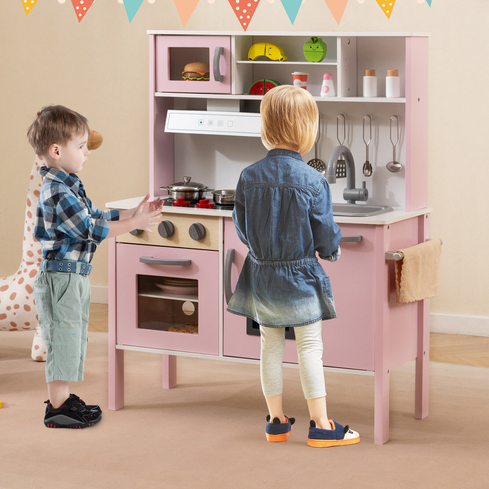 Wooden Pretend Play Kitchen Set for Toddlers-White and Pink