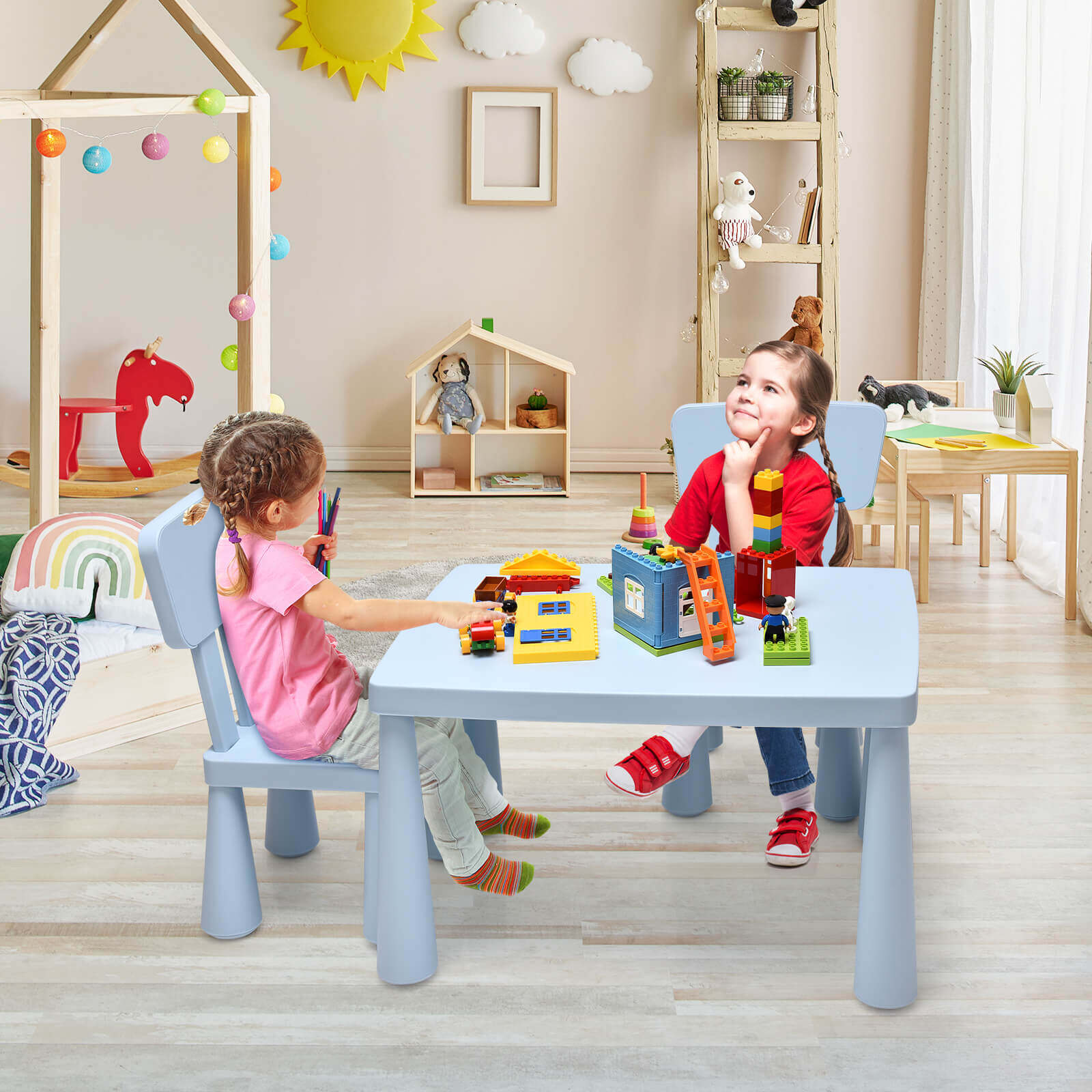 3 Pieces Toddler Multi Activity Play Dining Study Kids Table and Chair Set-Blue