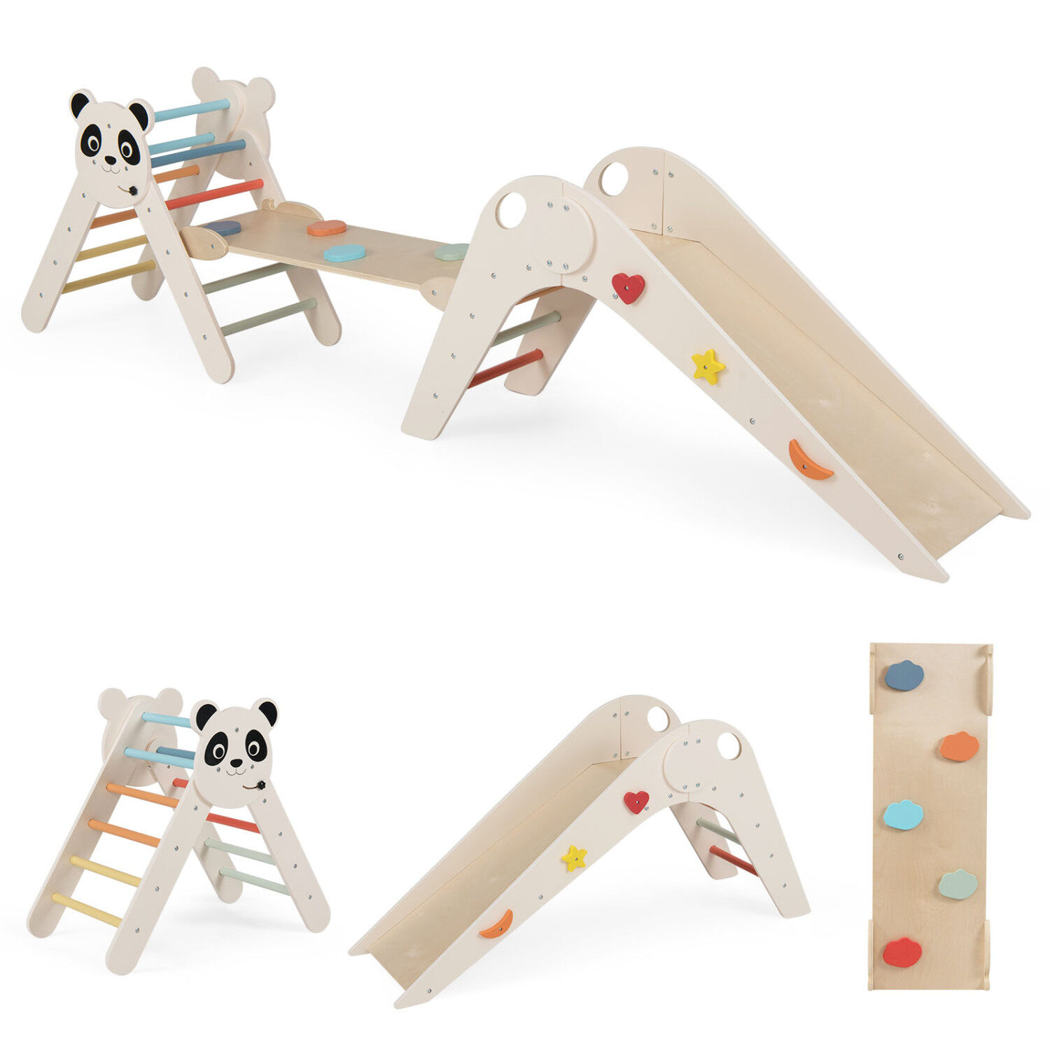 Kolmnurkne kokkupandavate laste ronimismänguasjade komplekt, panda-teemaline, puidust, Montessori ronimiskomplekt - makaron
