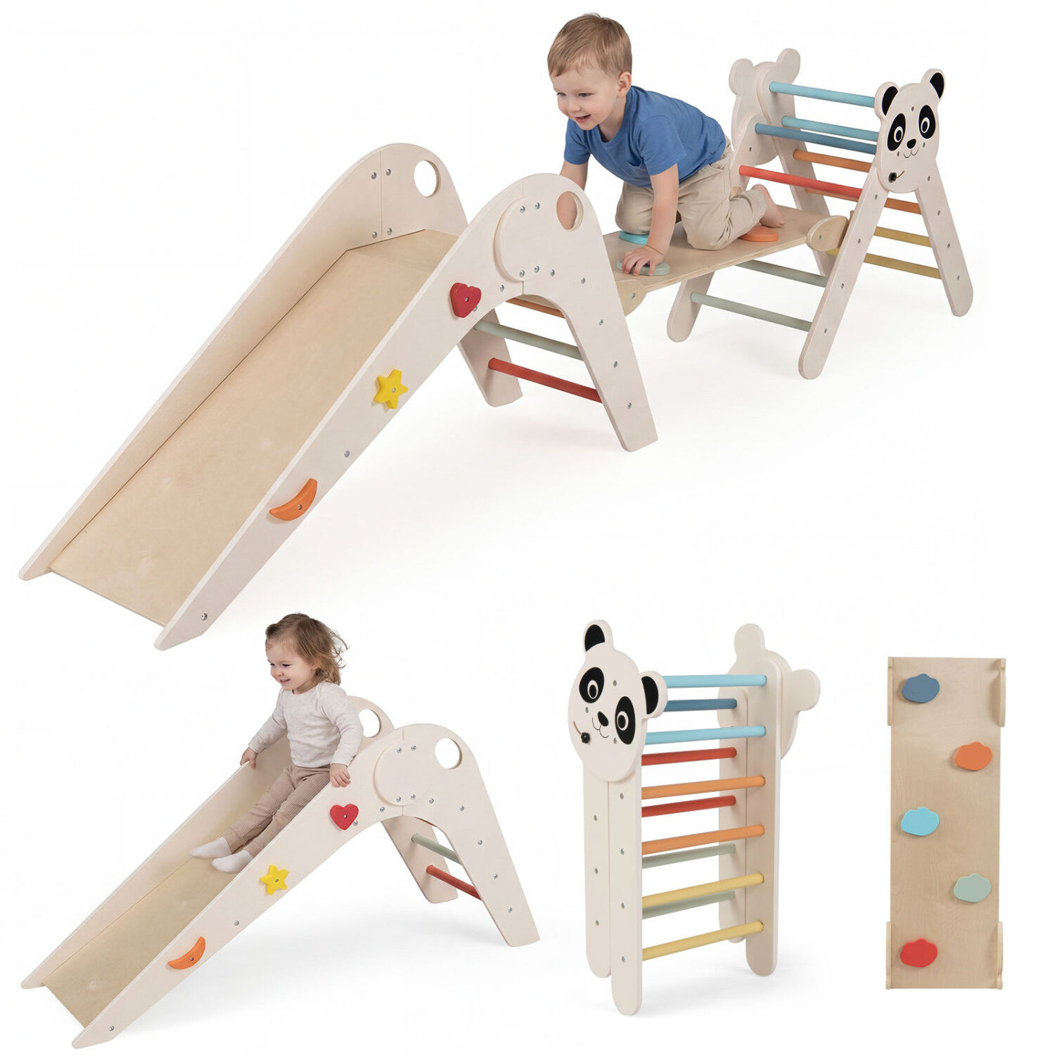 Kolmnurkne kokkupandavate laste ronimismänguasjade komplekt, panda-teemaline, puidust, Montessori ronimiskomplekt - makaron