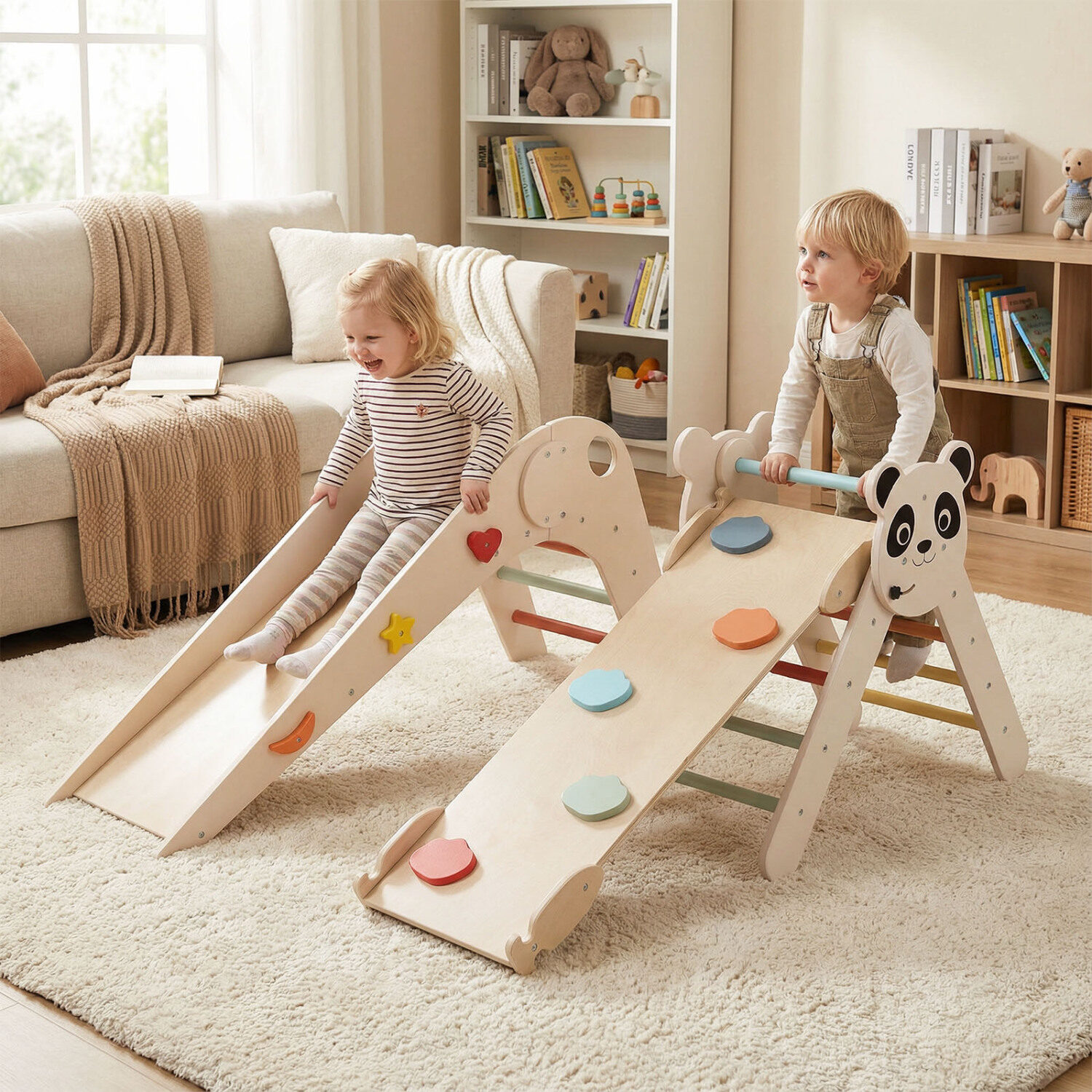 Kolmnurkne kokkupandavate laste ronimismänguasjade komplekt, panda-teemaline, puidust, Montessori ronimiskomplekt - makaron